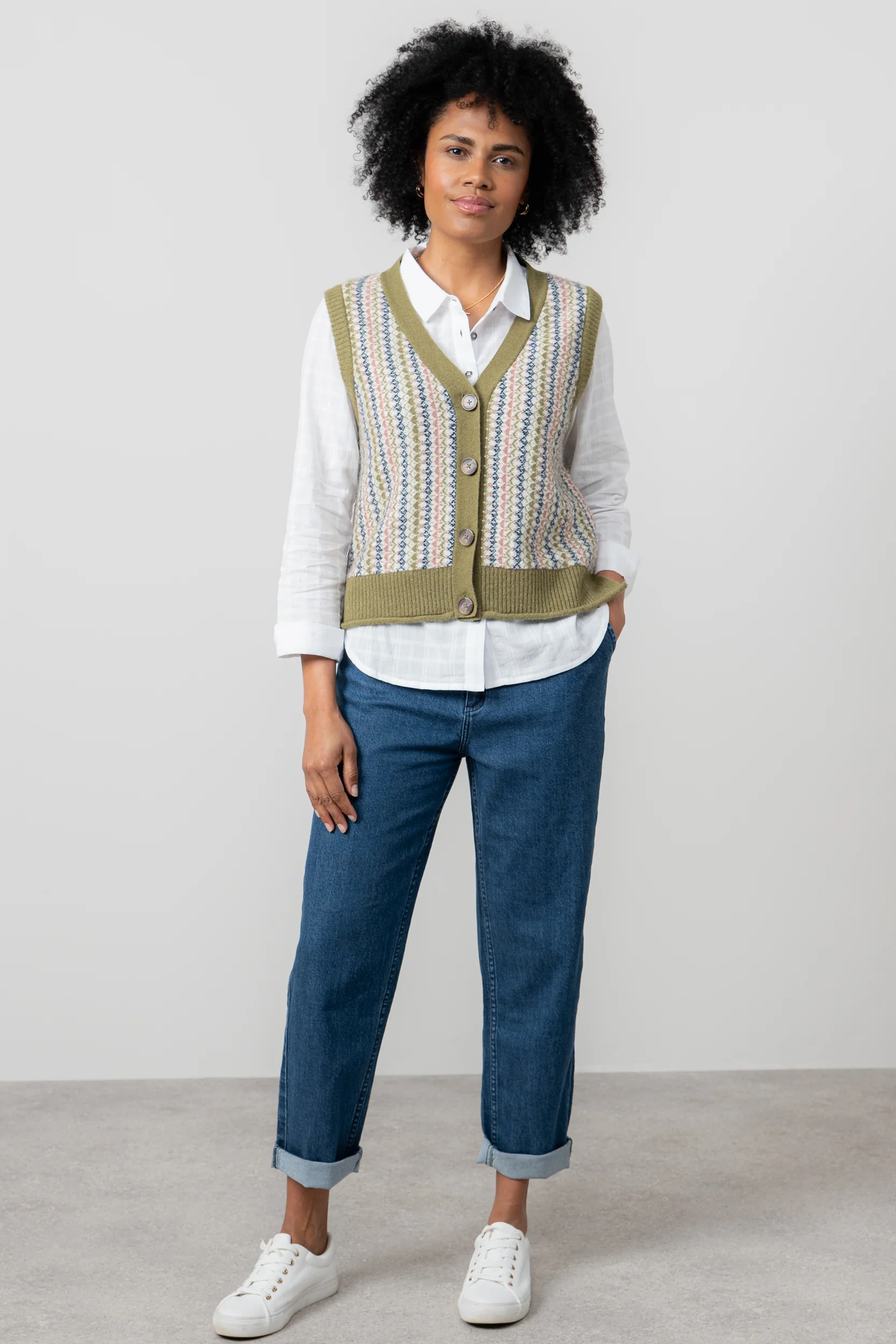 Gwyneth Fair Isle Sleeveless Cardigan Moss - Image 5