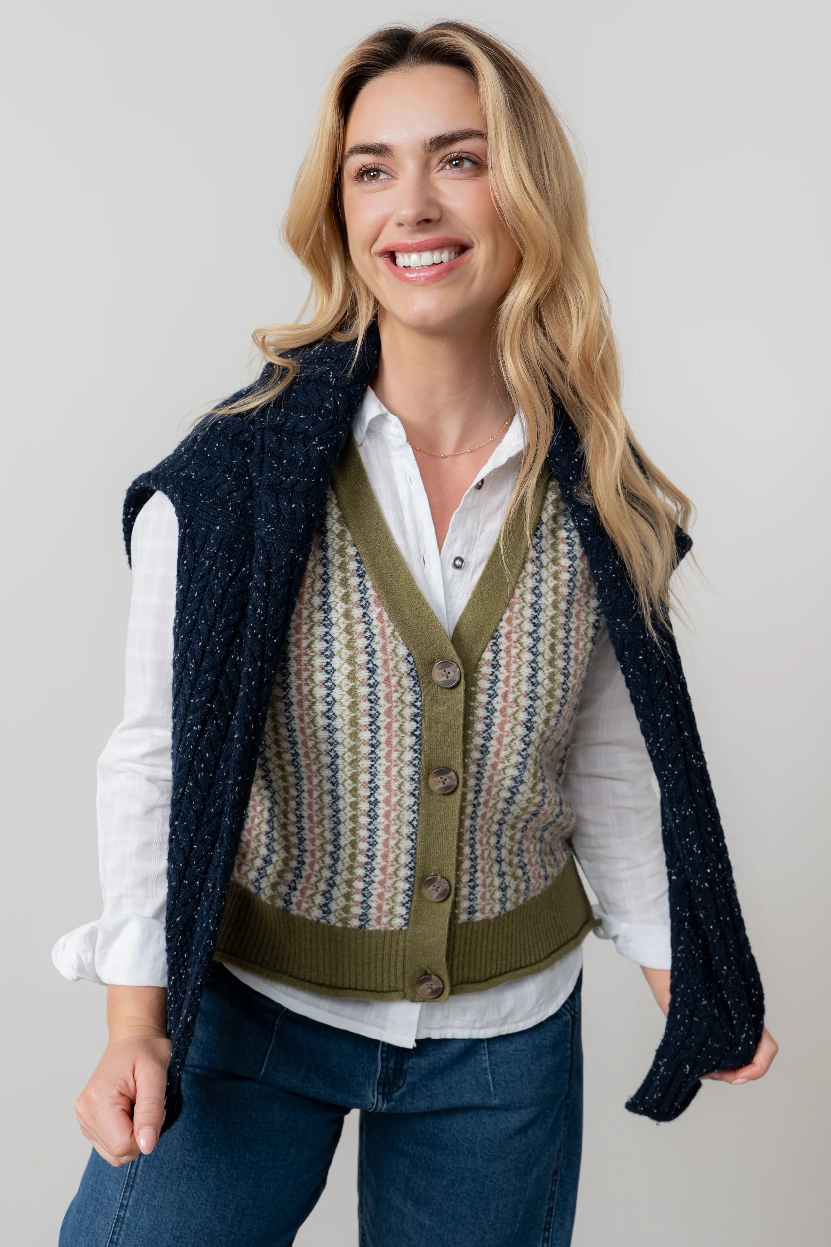 Gwyneth Fair Isle Sleeveless Cardigan Moss - Image 6