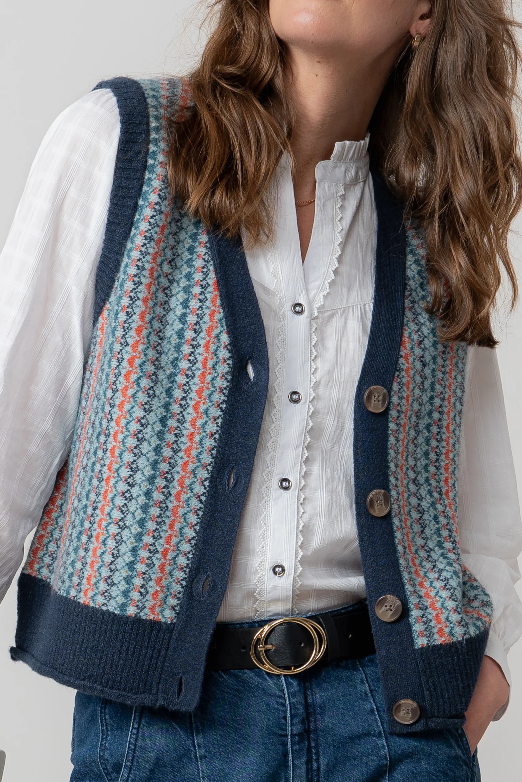 Gwyneth Fair Isle Sleeveless Cardigan Teal - Image 3