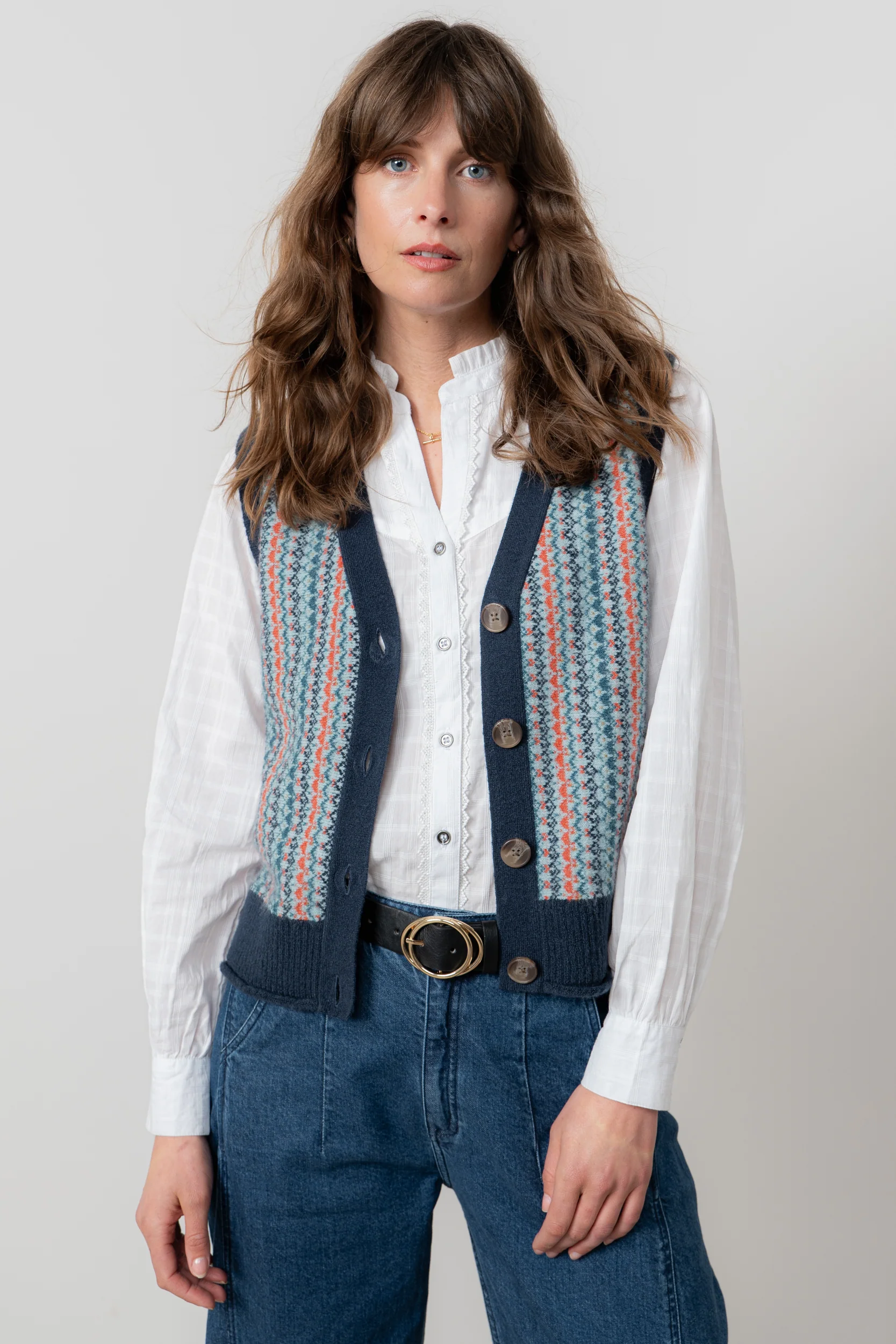 Gwyneth Fair Isle Sleeveless Cardigan Teal - Image 6