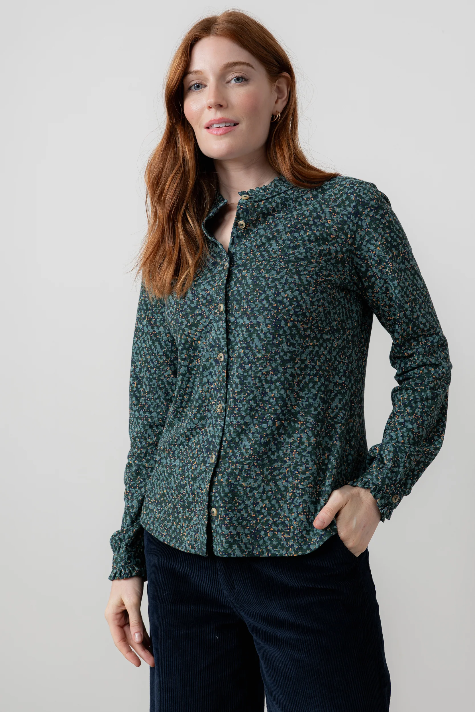 Hannah Organic Cotton Jersey Frill Shirt Green - Image 2