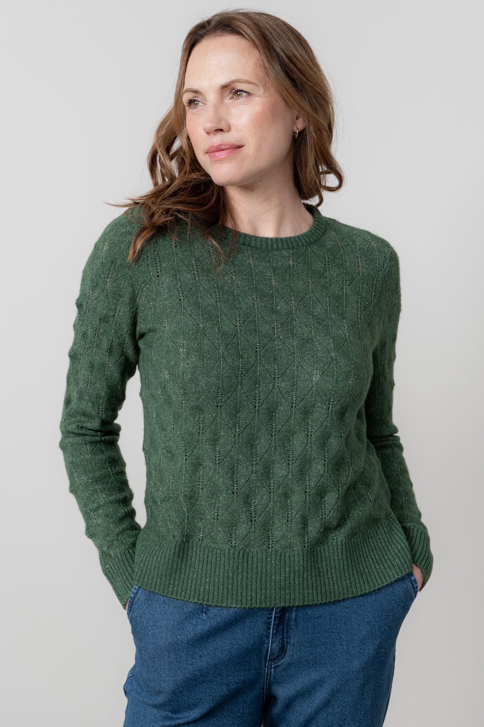 Harefield Pointelle Knit Jumper Pine Green - Image 2