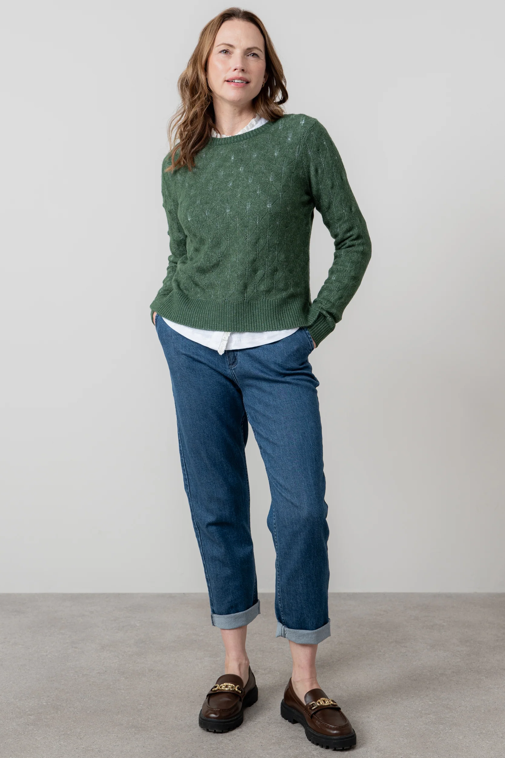 Harefield Pointelle Knit Jumper Pine Green - Image 3