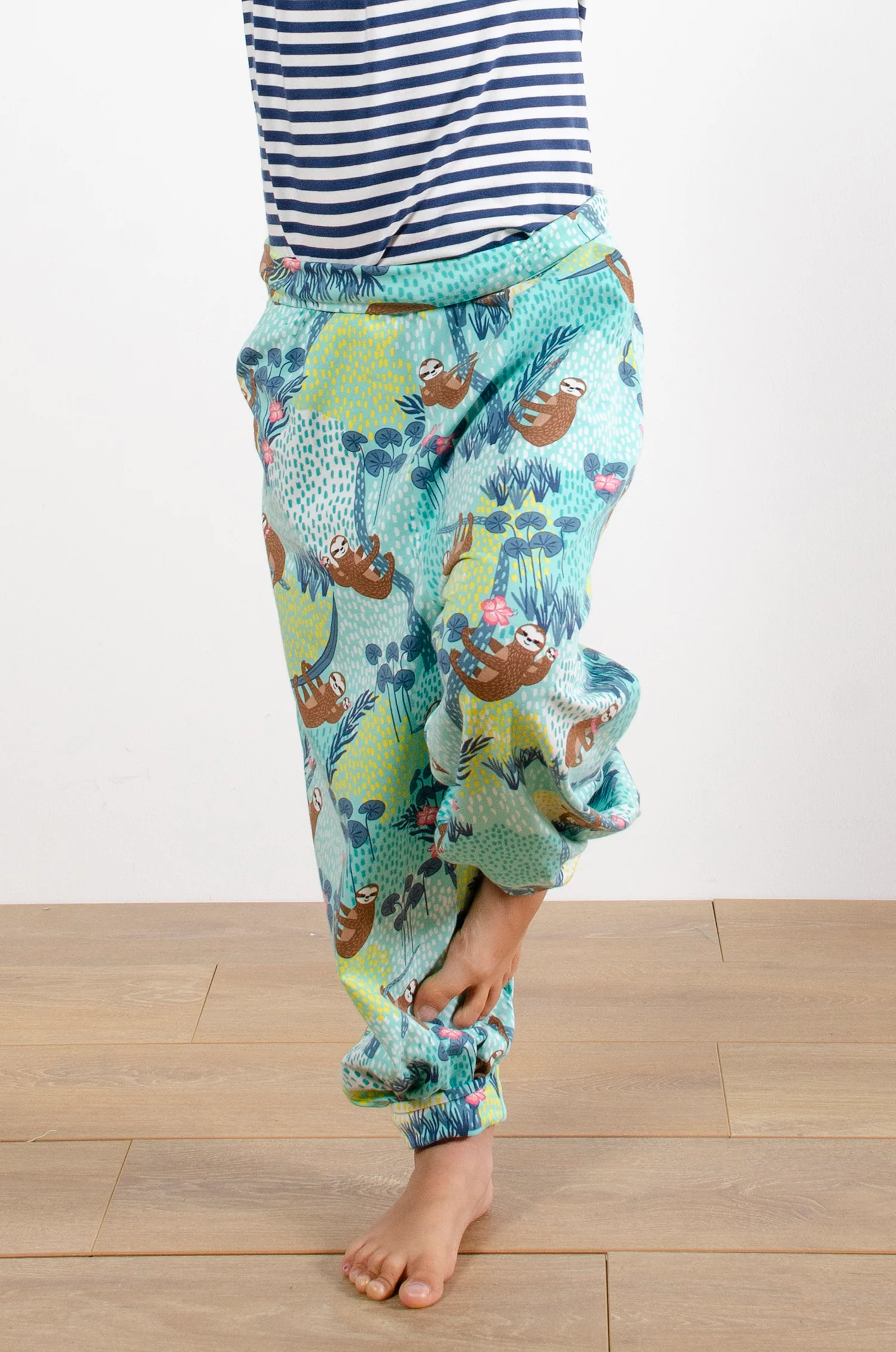 Harem Sloth Print Teal Jersey Trousers - Image 3