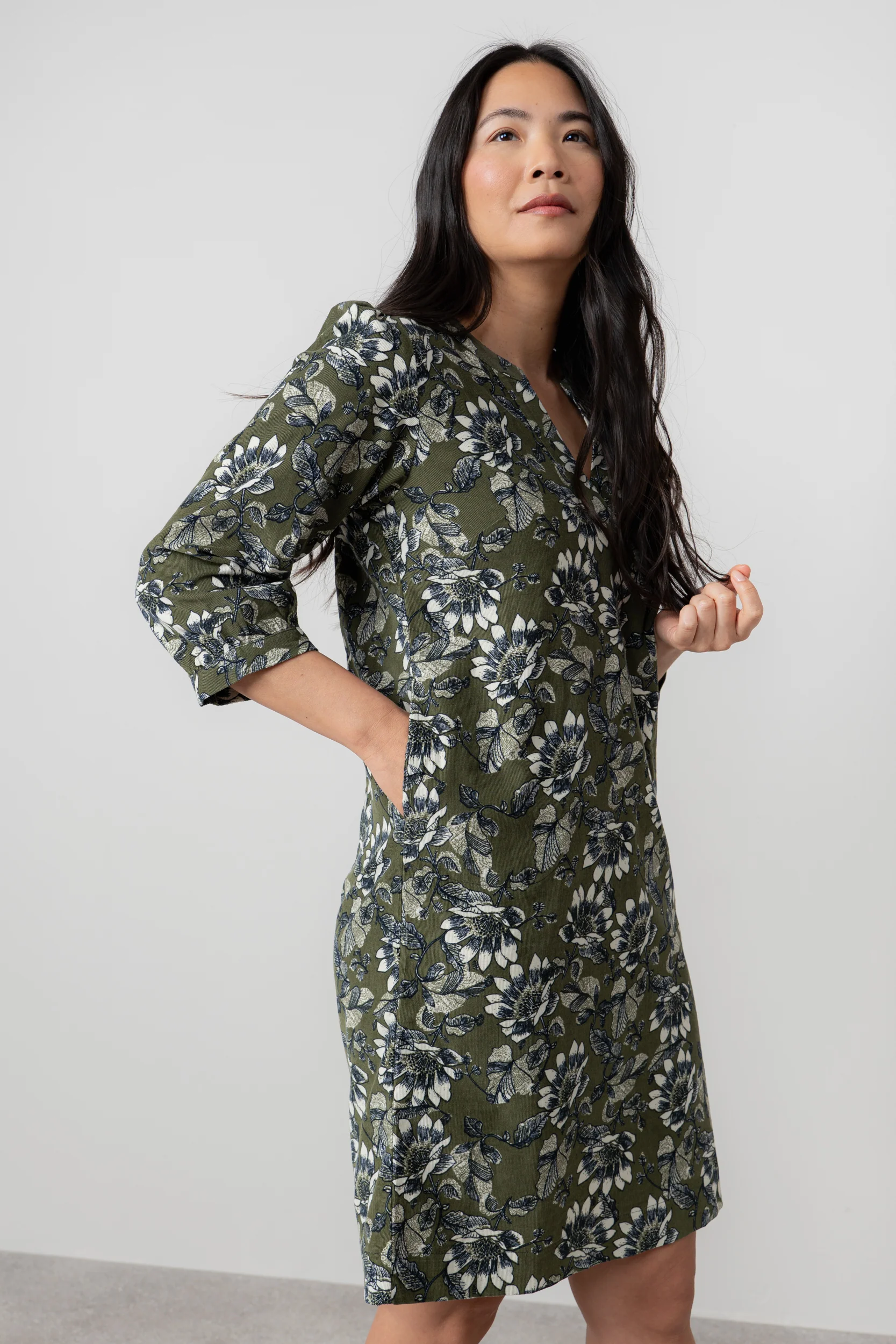 Harvest Cotton Pincord Shift Dress Moss - Image 3