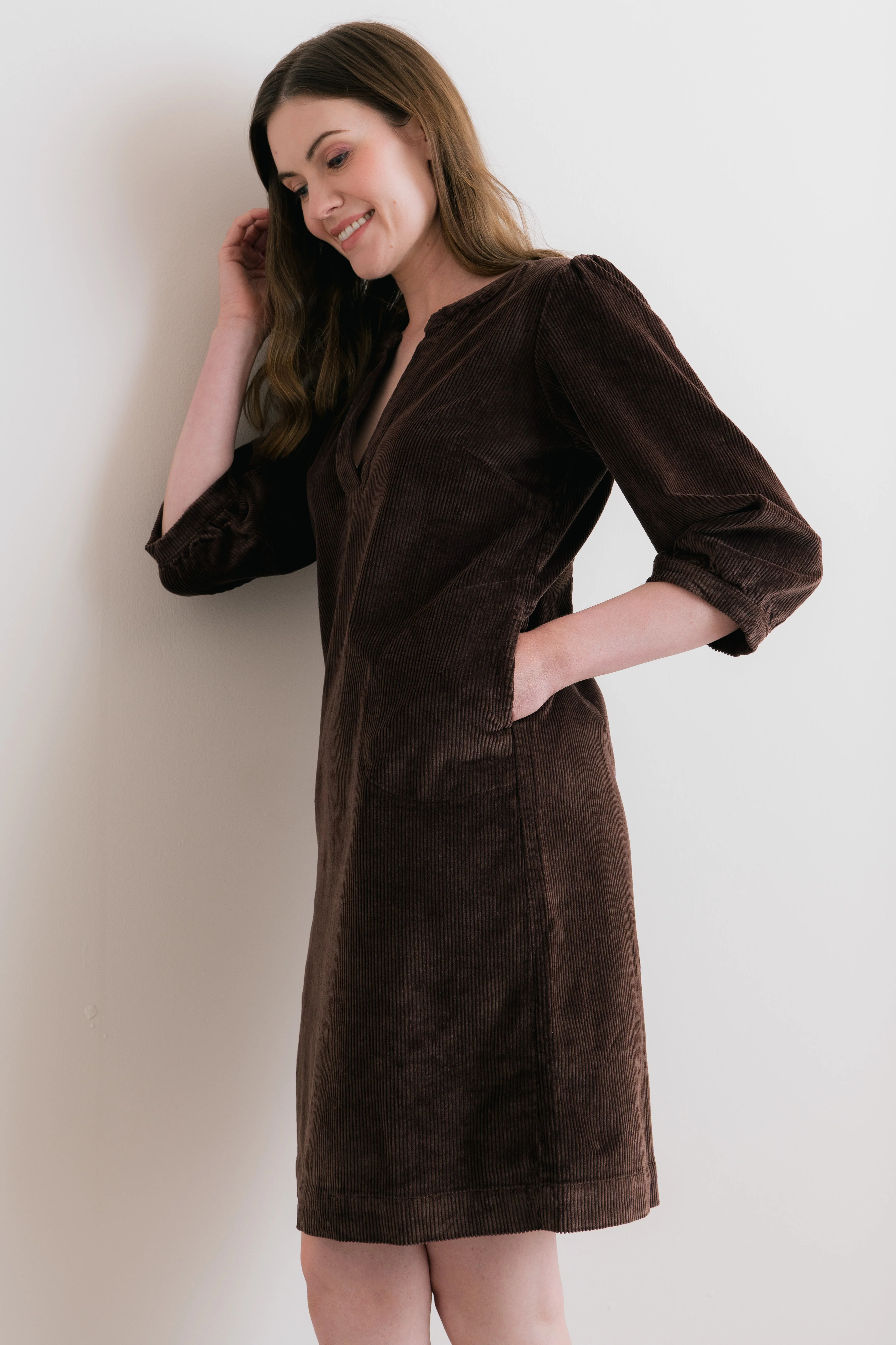 Harvest Stretch Jumbo Cord Shift Dress Chocolate - Image 2
