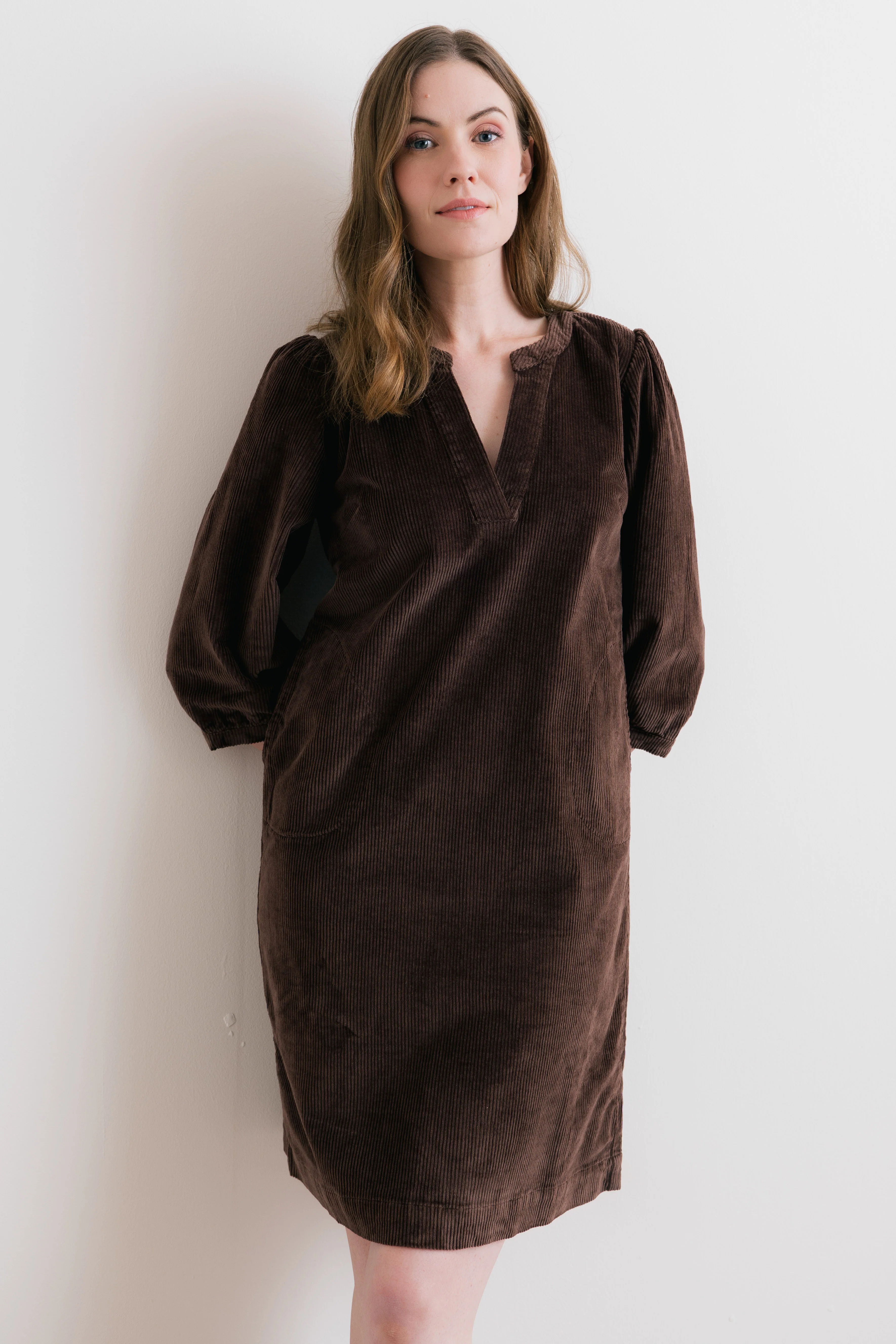 Harvest Stretch Jumbo Cord Shift Dress Chocolate - Image 3