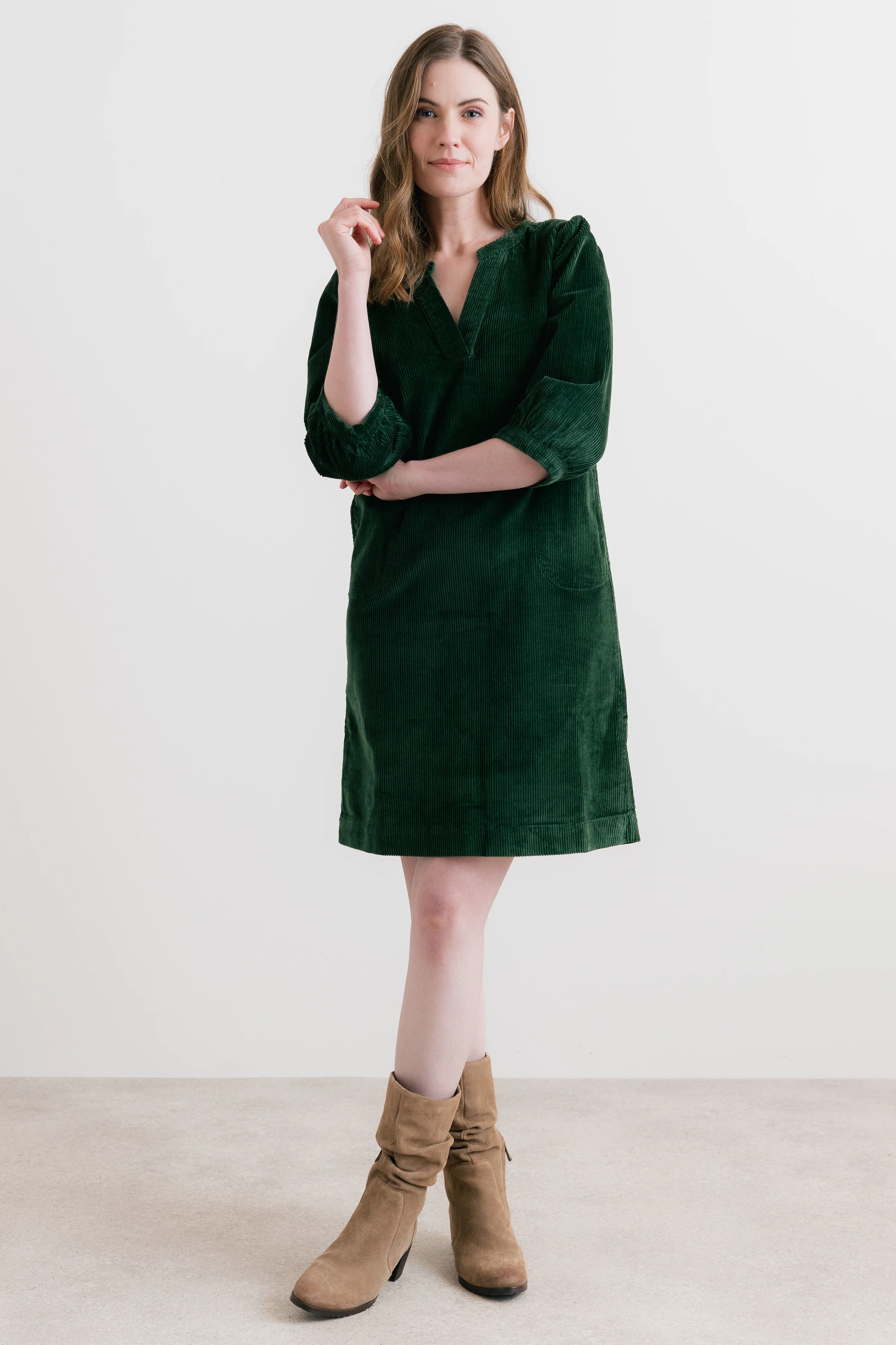Harvest Stretch Jumbo Cord Shift Dress Pine Green - Image 3