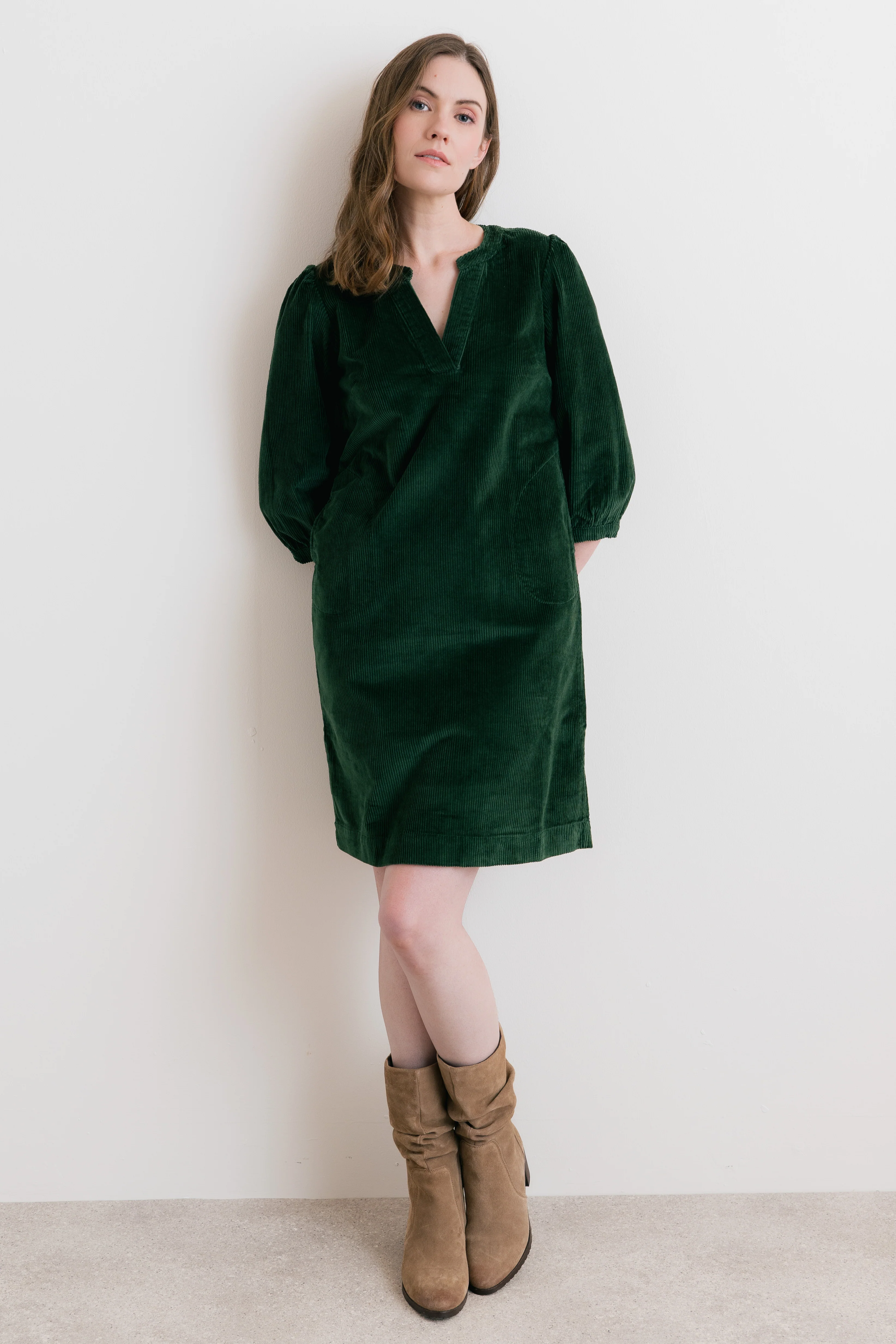 Harvest Stretch Jumbo Cord Shift Dress Pine Green - Image 6