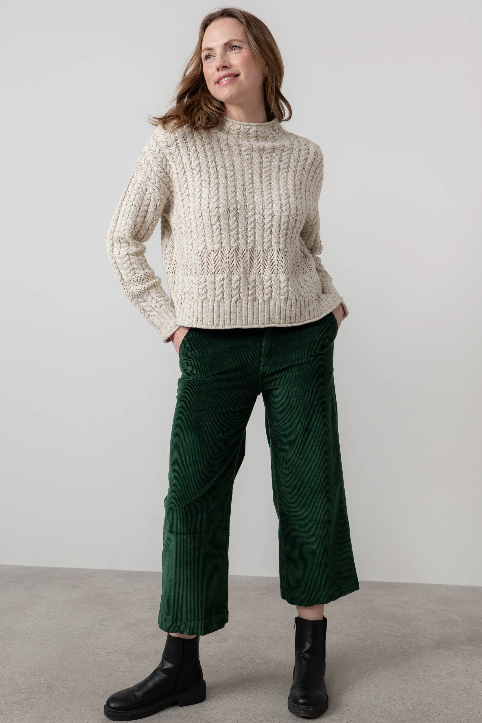 Isla Stretch Jumbo Cord Cropped Trousers Pine Green - Image 3
