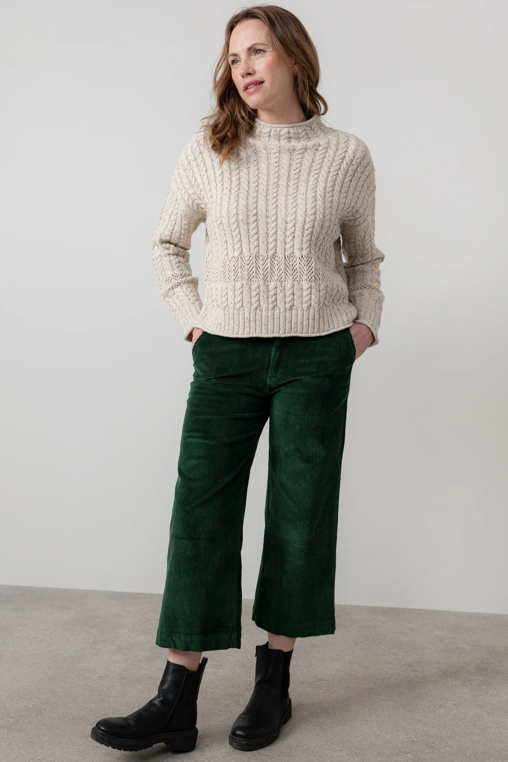 Isla Stretch Jumbo Cord Cropped Trousers Pine Green - Image 6