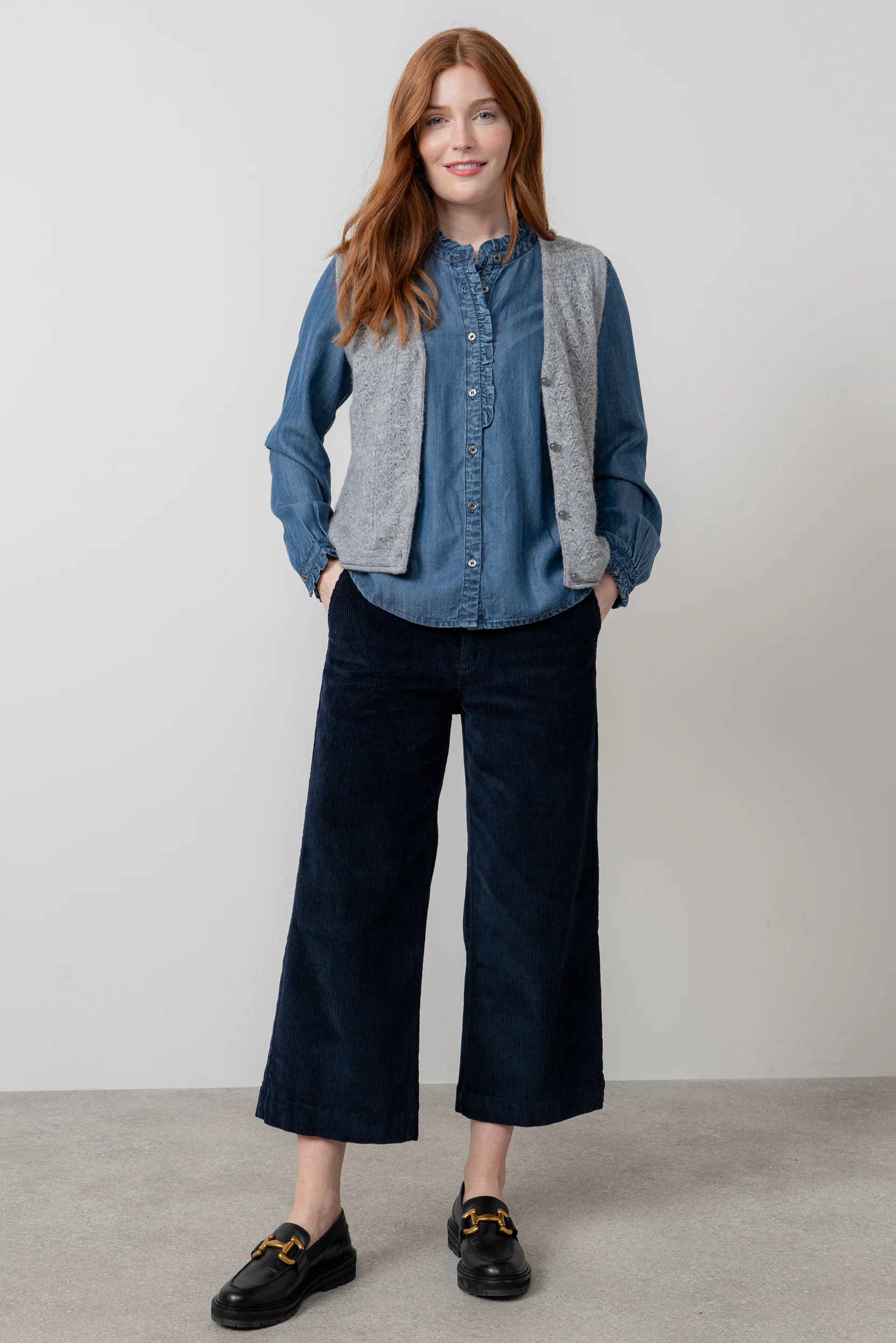 Isla Stretch Jumbo Corduroy Cropped Trousers Navy - Image 6