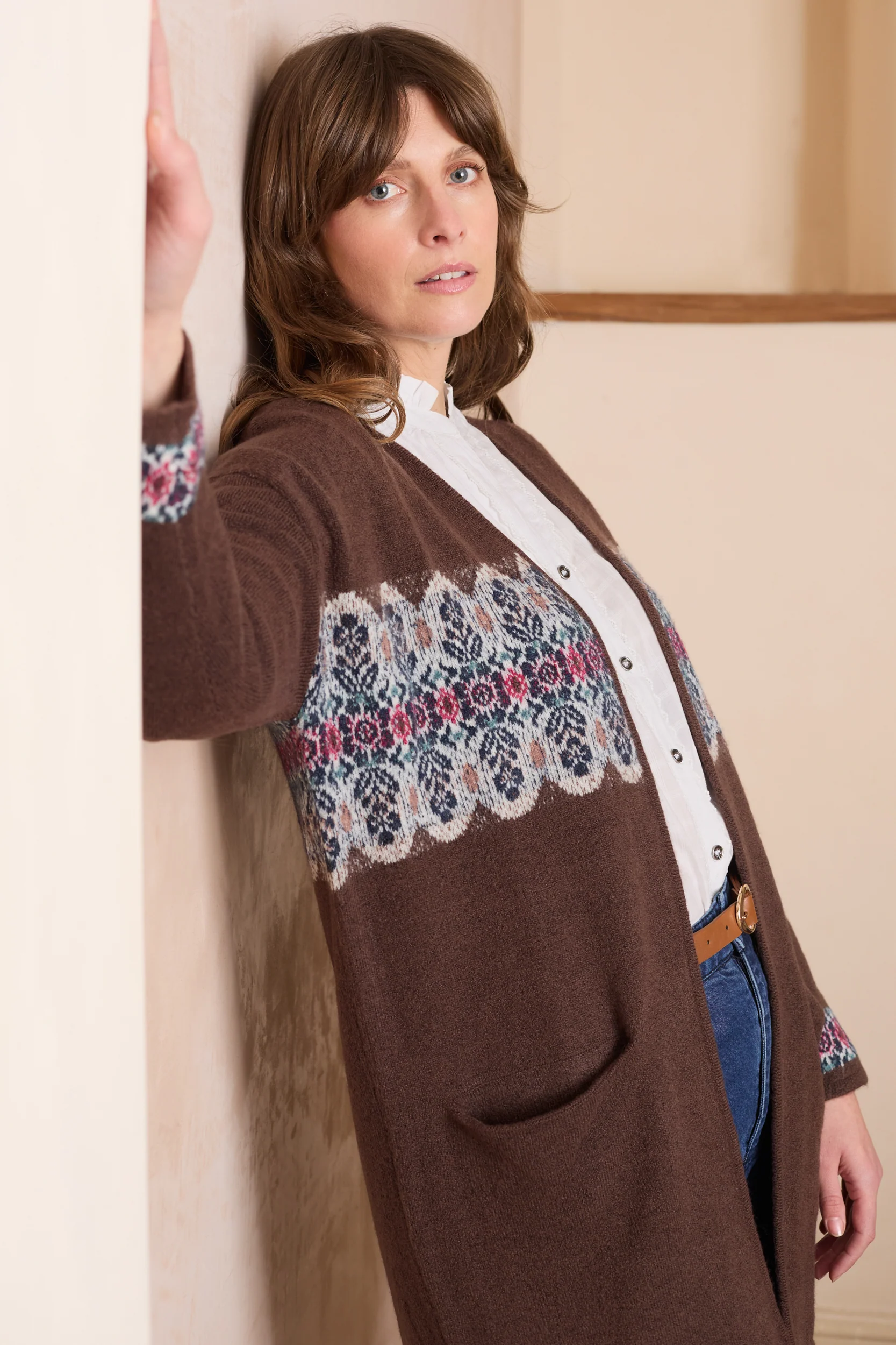 Isle Longline Fair Isle Knit Cardigan Chocolate - Image 3