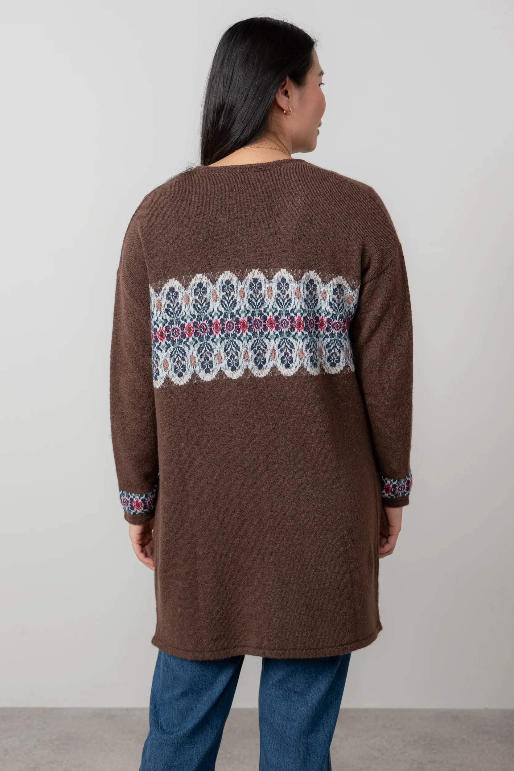 Isle Longline Fair Isle Knit Cardigan Chocolate - Image 4