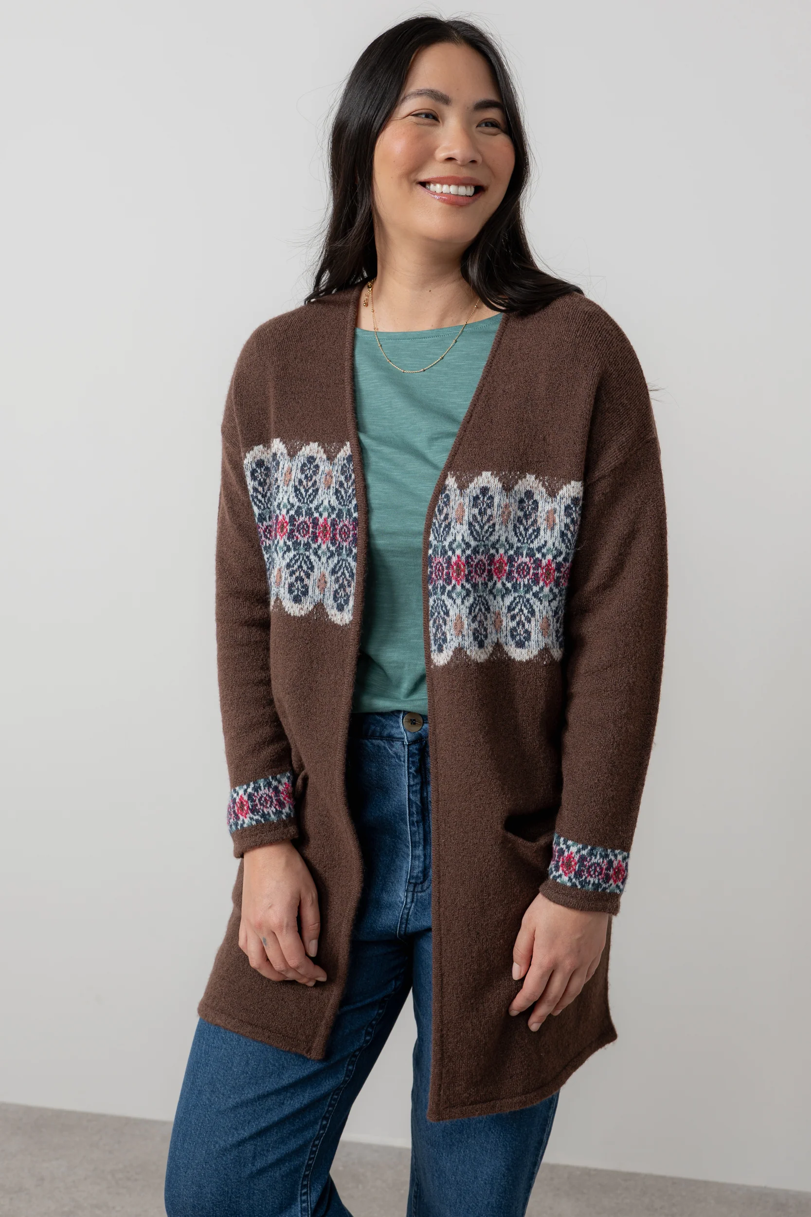Isle Longline Fair Isle Knit Cardigan Chocolate - Image 5