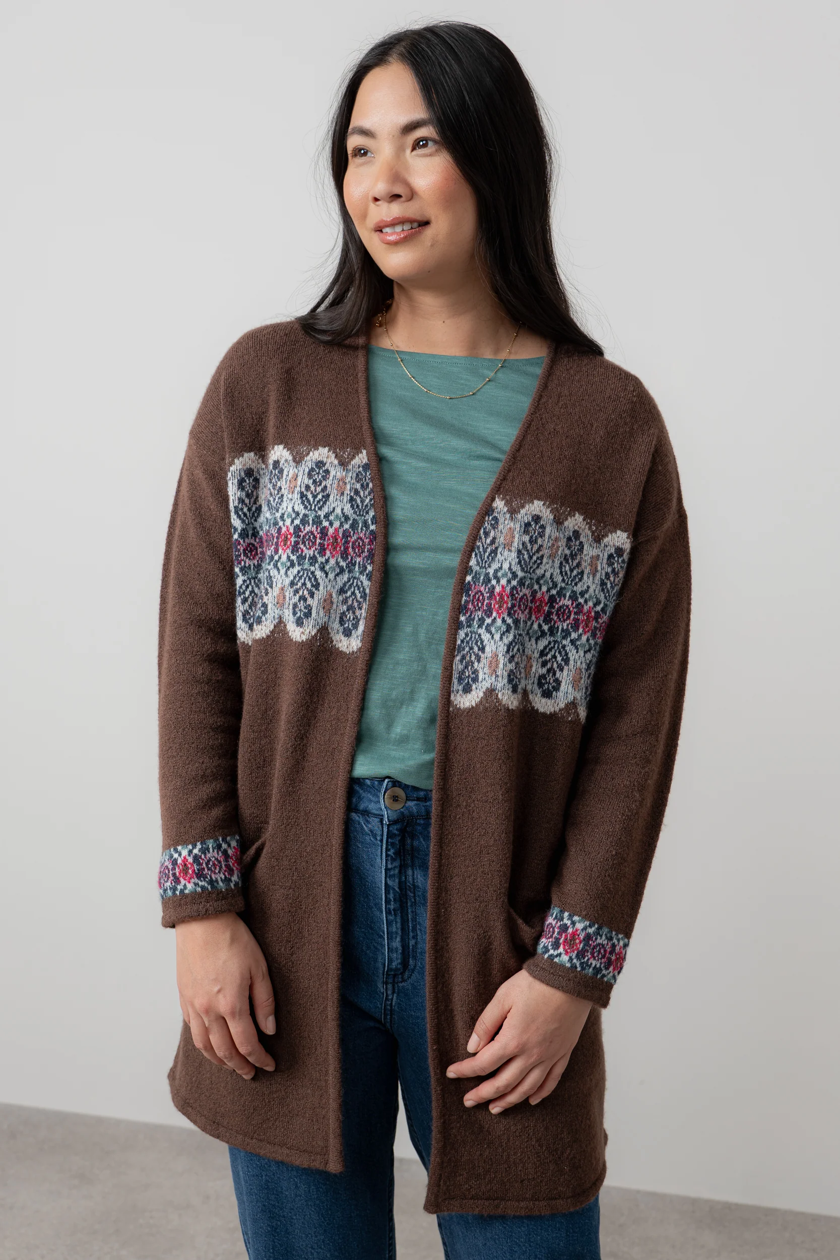 Isle Longline Fair Isle Knit Cardigan Chocolate - Image 6