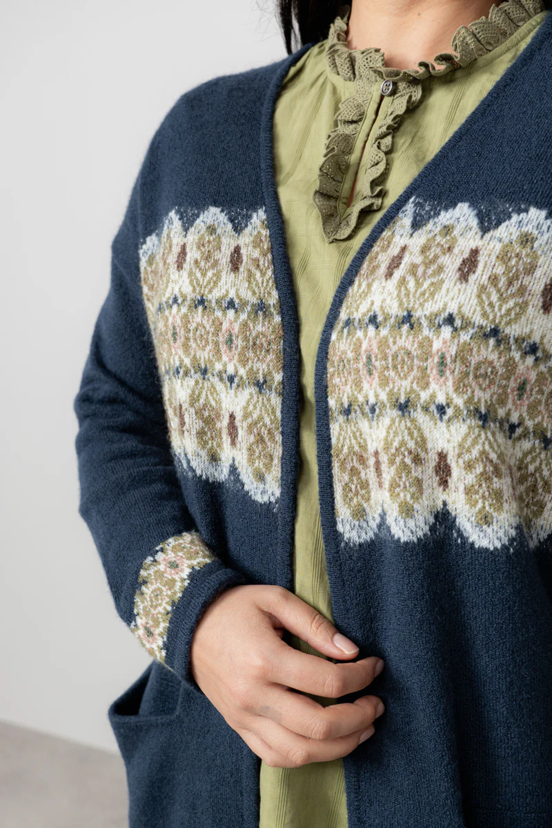 Isle Longline Fair Isle Knit Cardigan Navy - Image 3