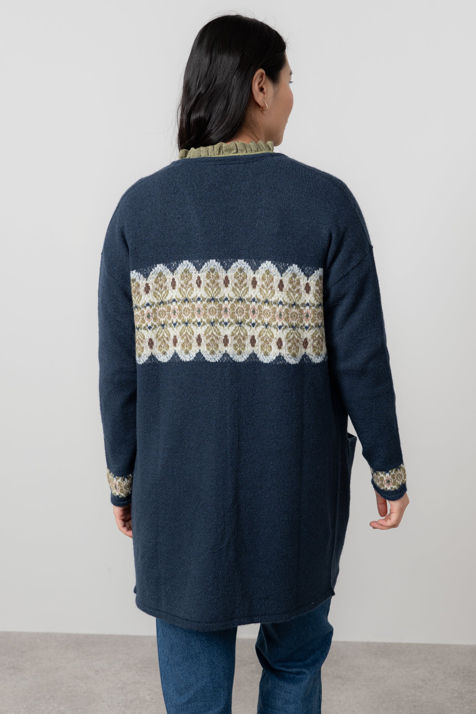 Isle Longline Fair Isle Knit Cardigan Navy - Image 4
