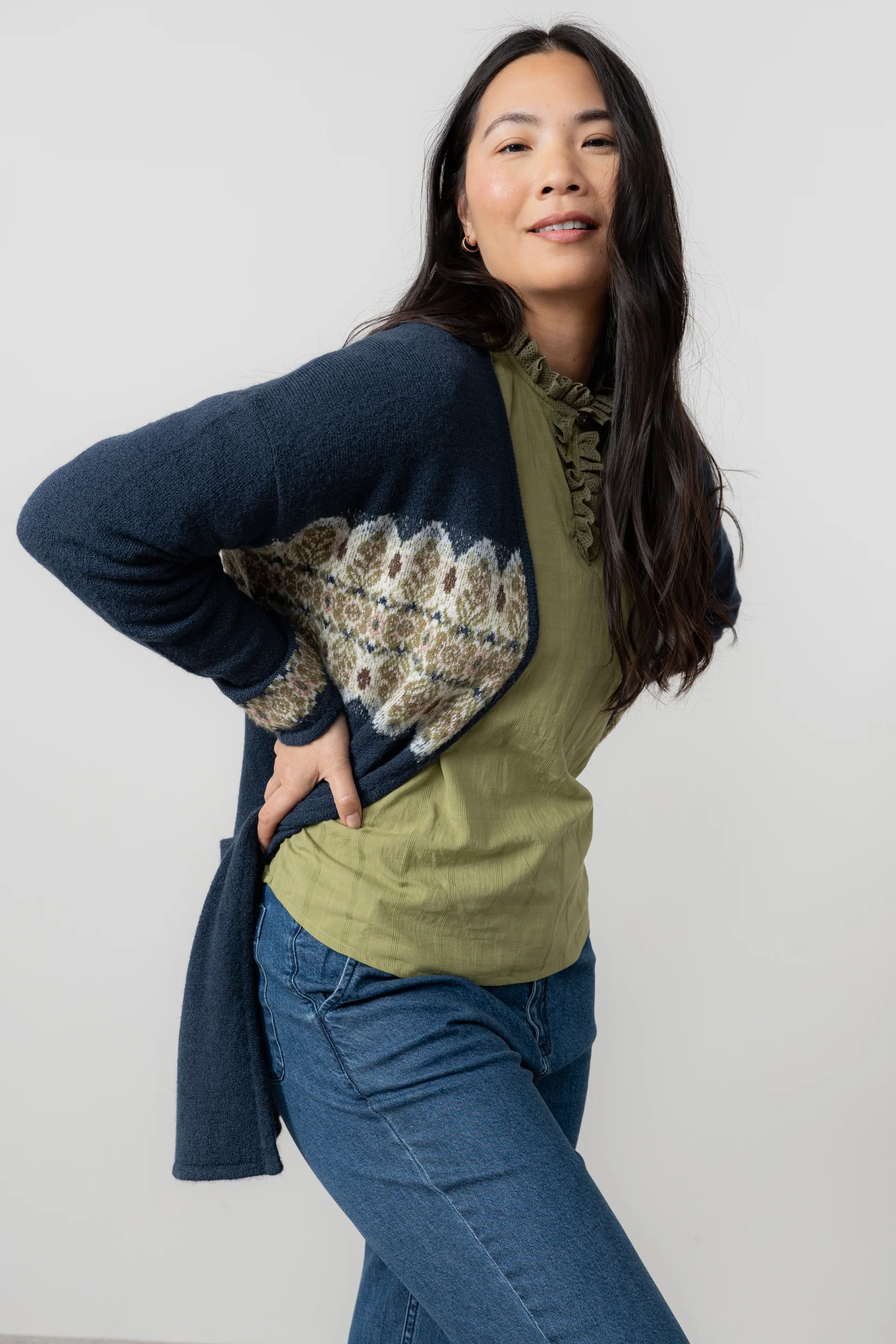 Isle Longline Fair Isle Knit Cardigan Navy - Image 5