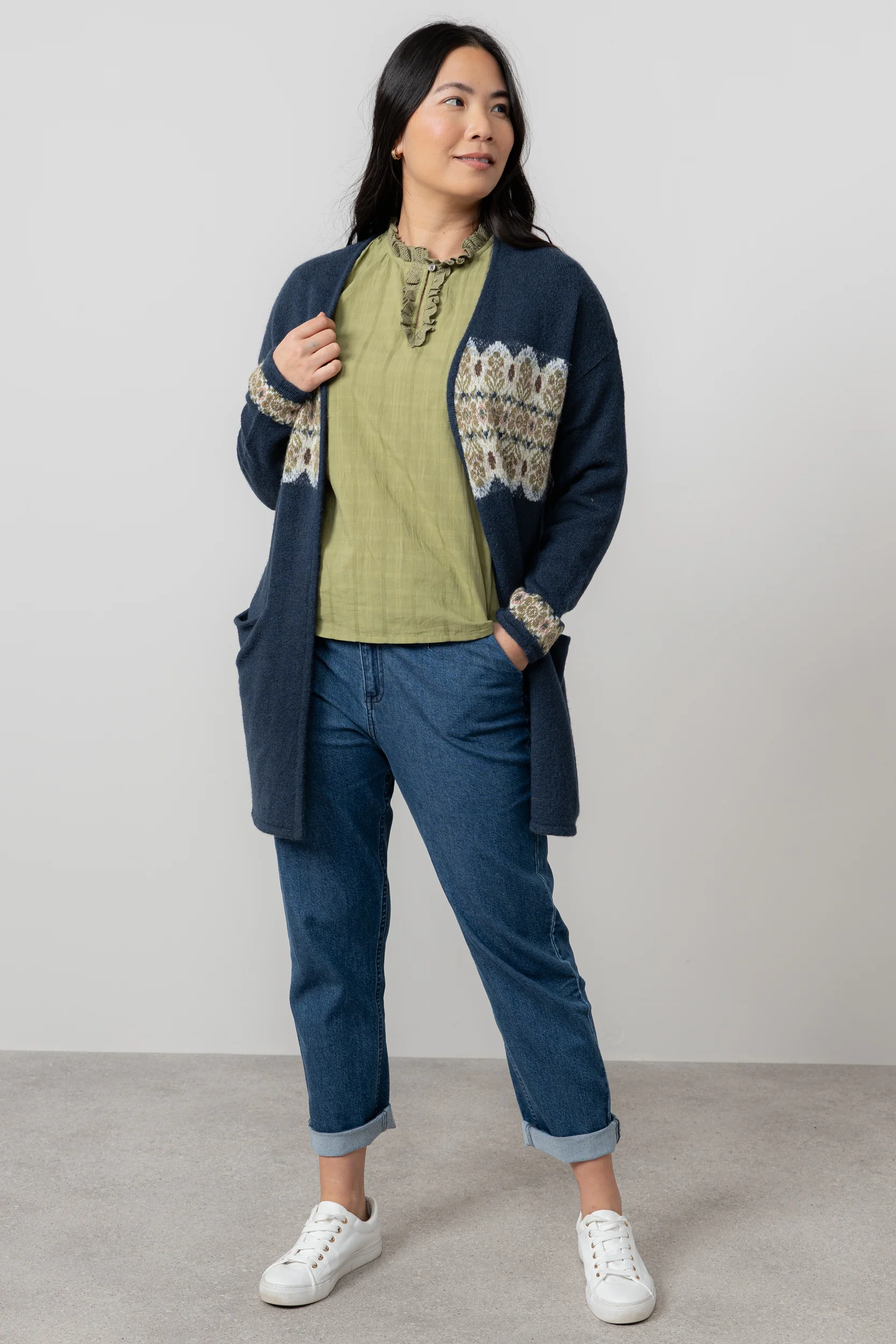Isle Longline Fair Isle Knit Cardigan Navy - Image 6