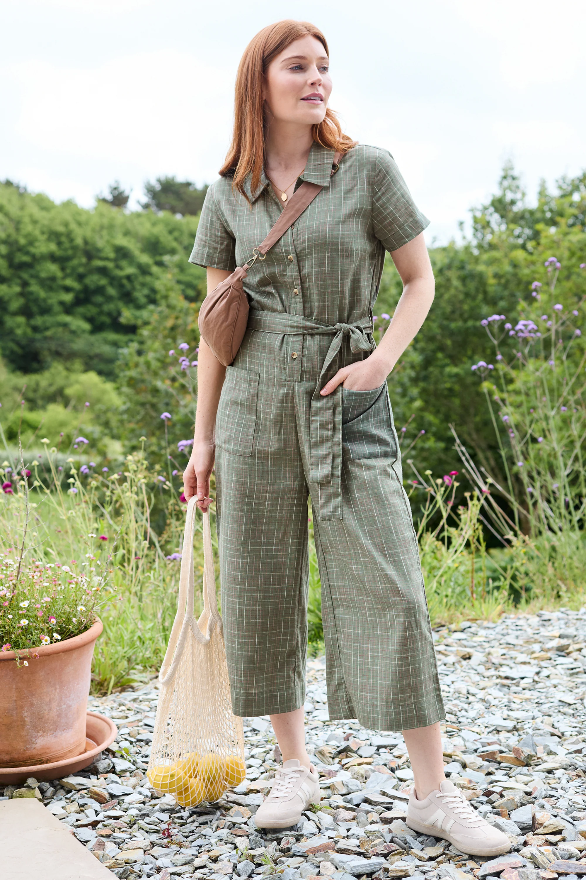 Josie Checked Organic Cotton Cropped Jumpsuit Green - Image 3