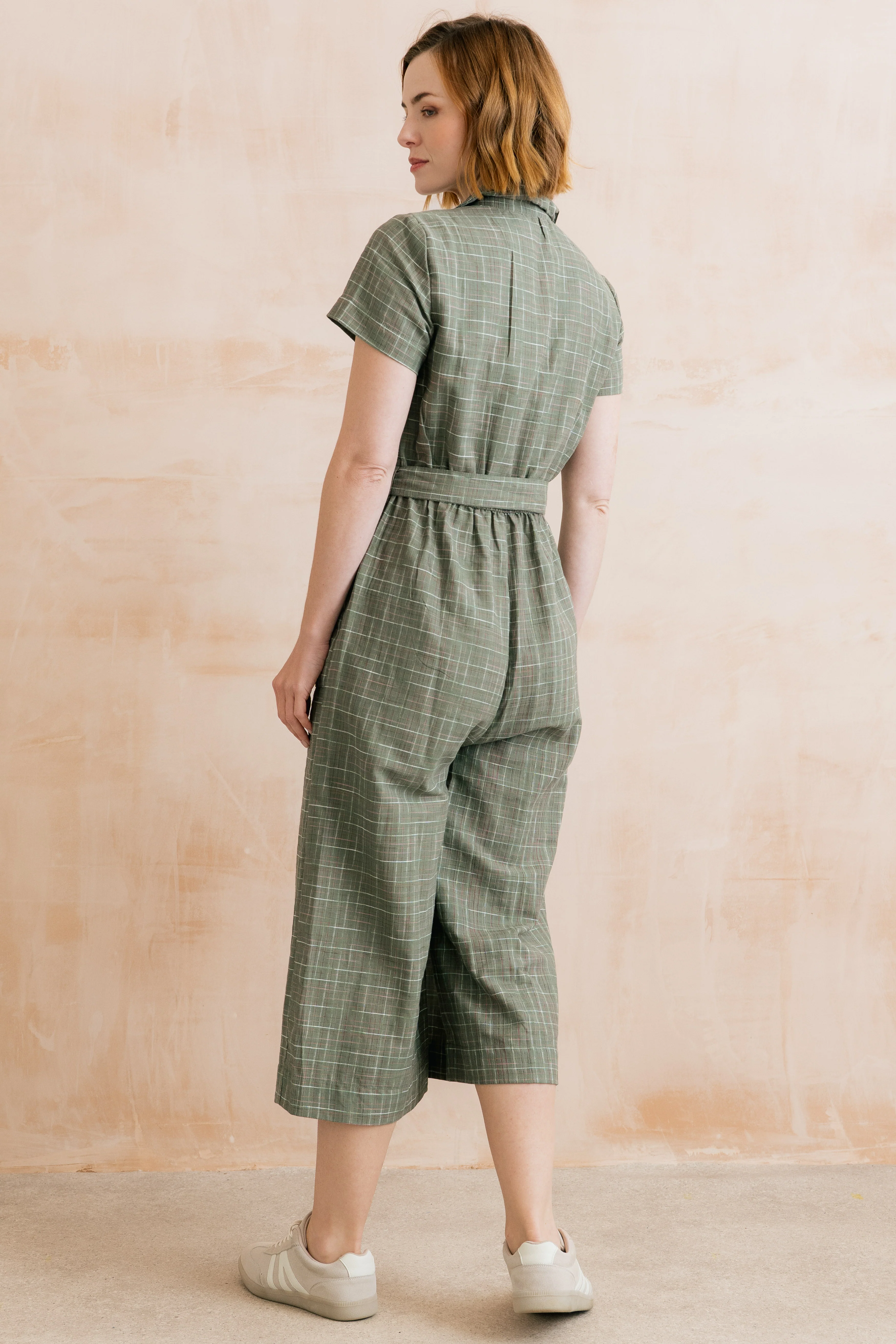 Josie Checked Organic Cotton Cropped Jumpsuit Green - Image 4