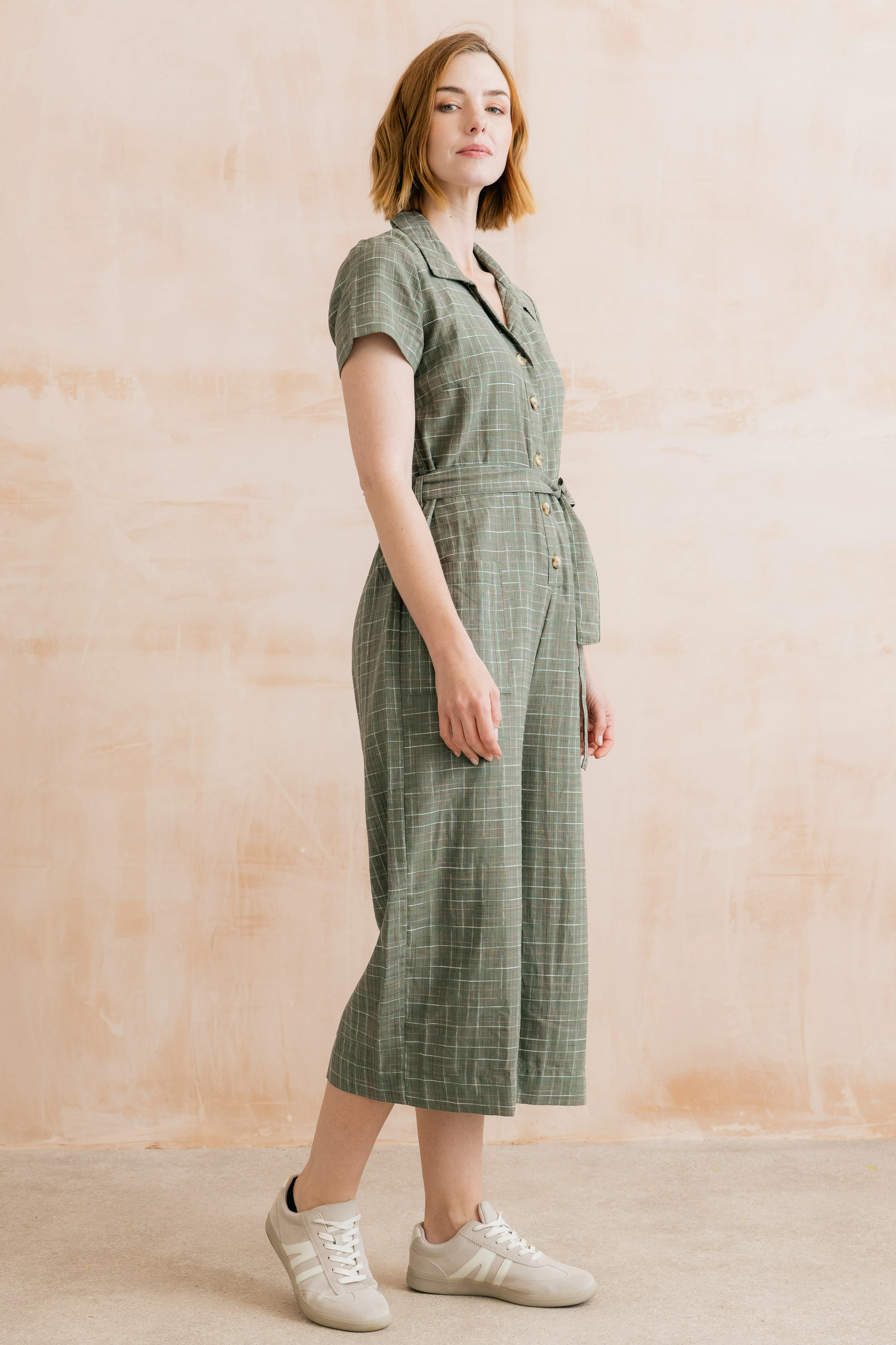 Josie Checked Organic Cotton Cropped Jumpsuit Green - Image 5