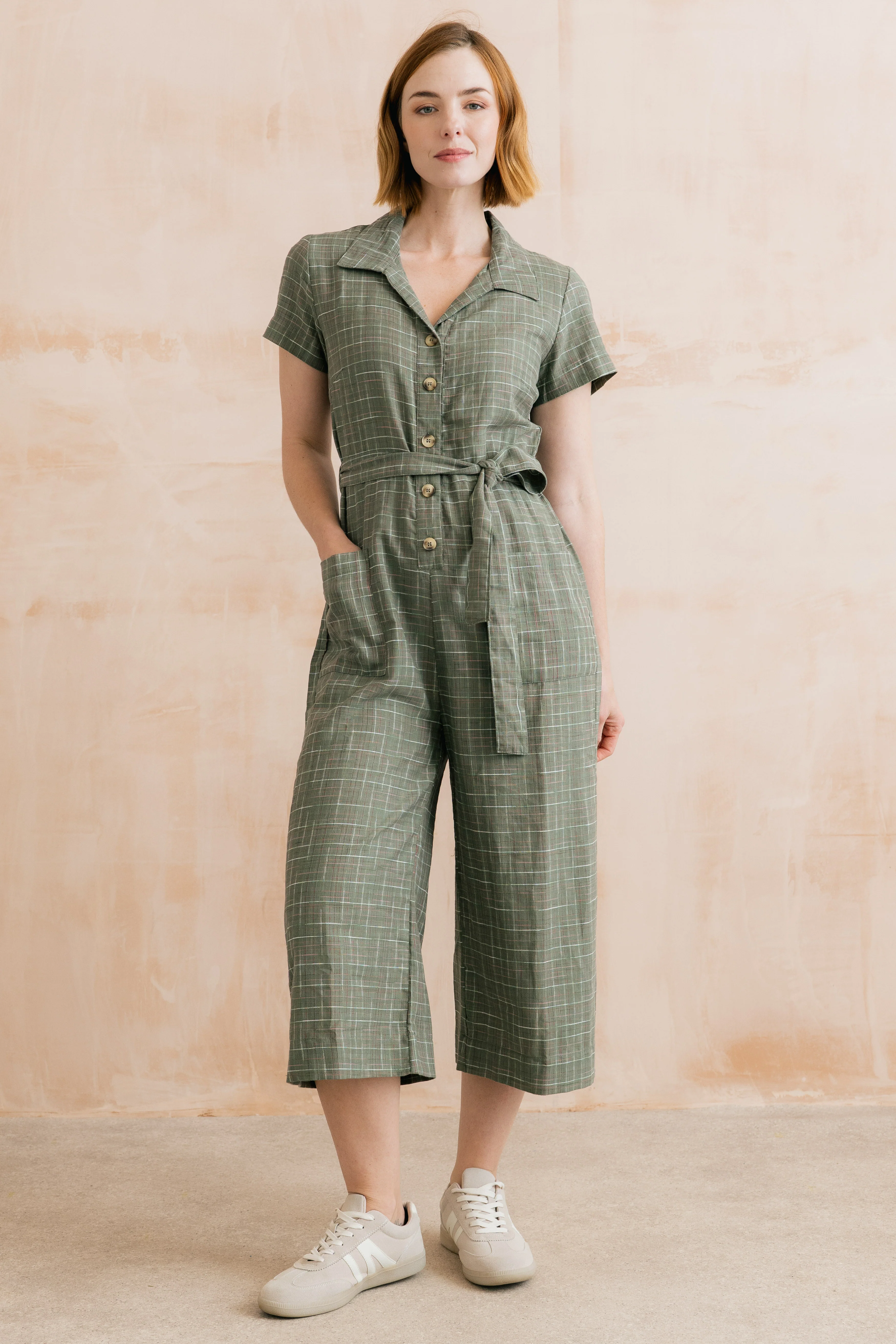 Josie Checked Organic Cotton Cropped Jumpsuit Green - Image 6