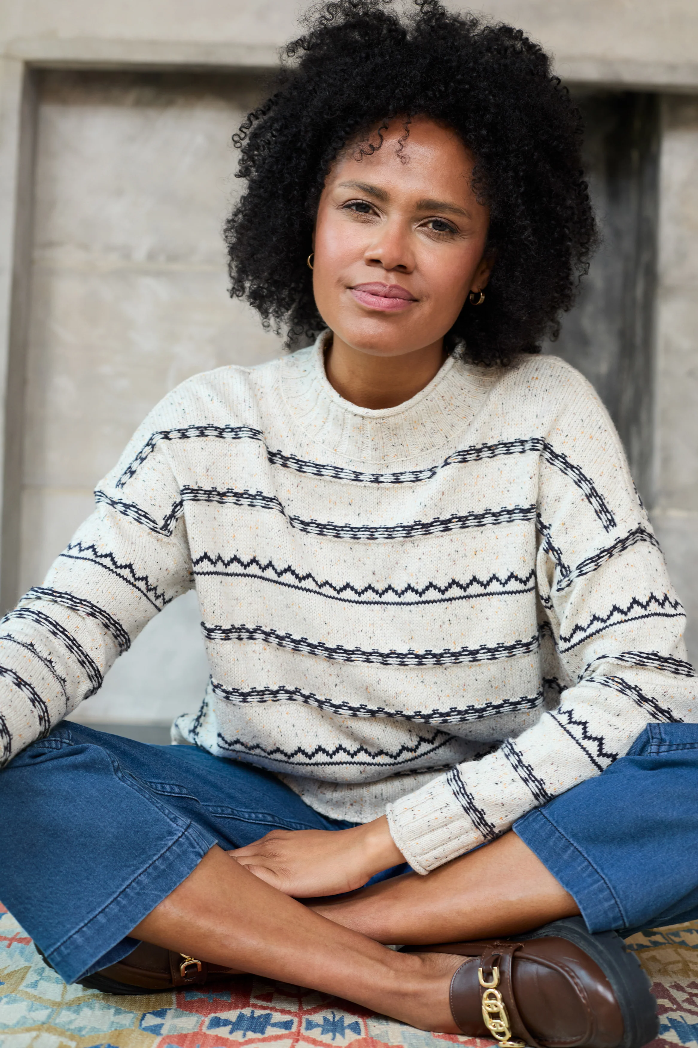Kirstie Flecked Knit Stripe Knit Jumper Ecru - Image 3