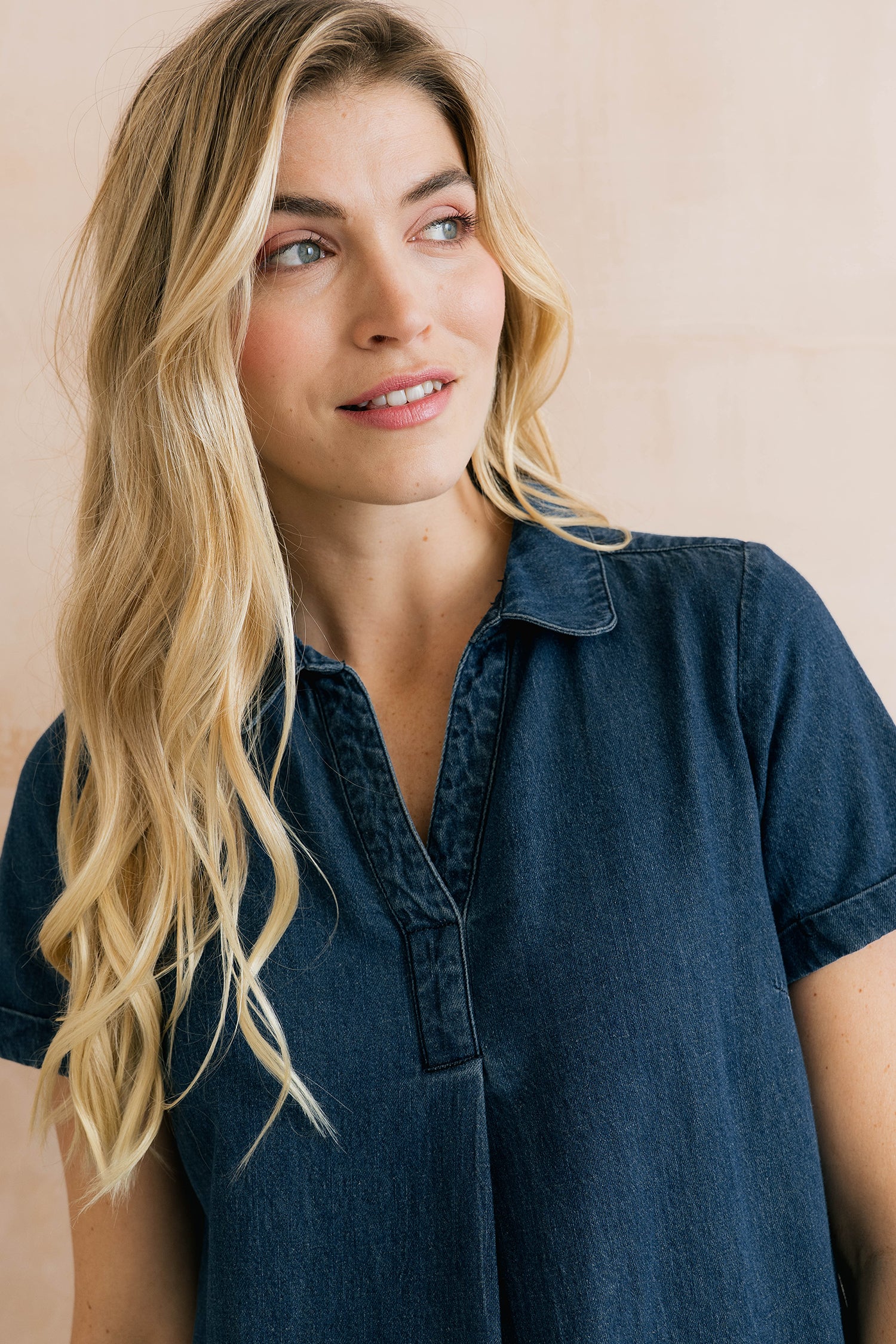 Lavender Short Sleeve Collared V-Neck Denim Dress - Image 5