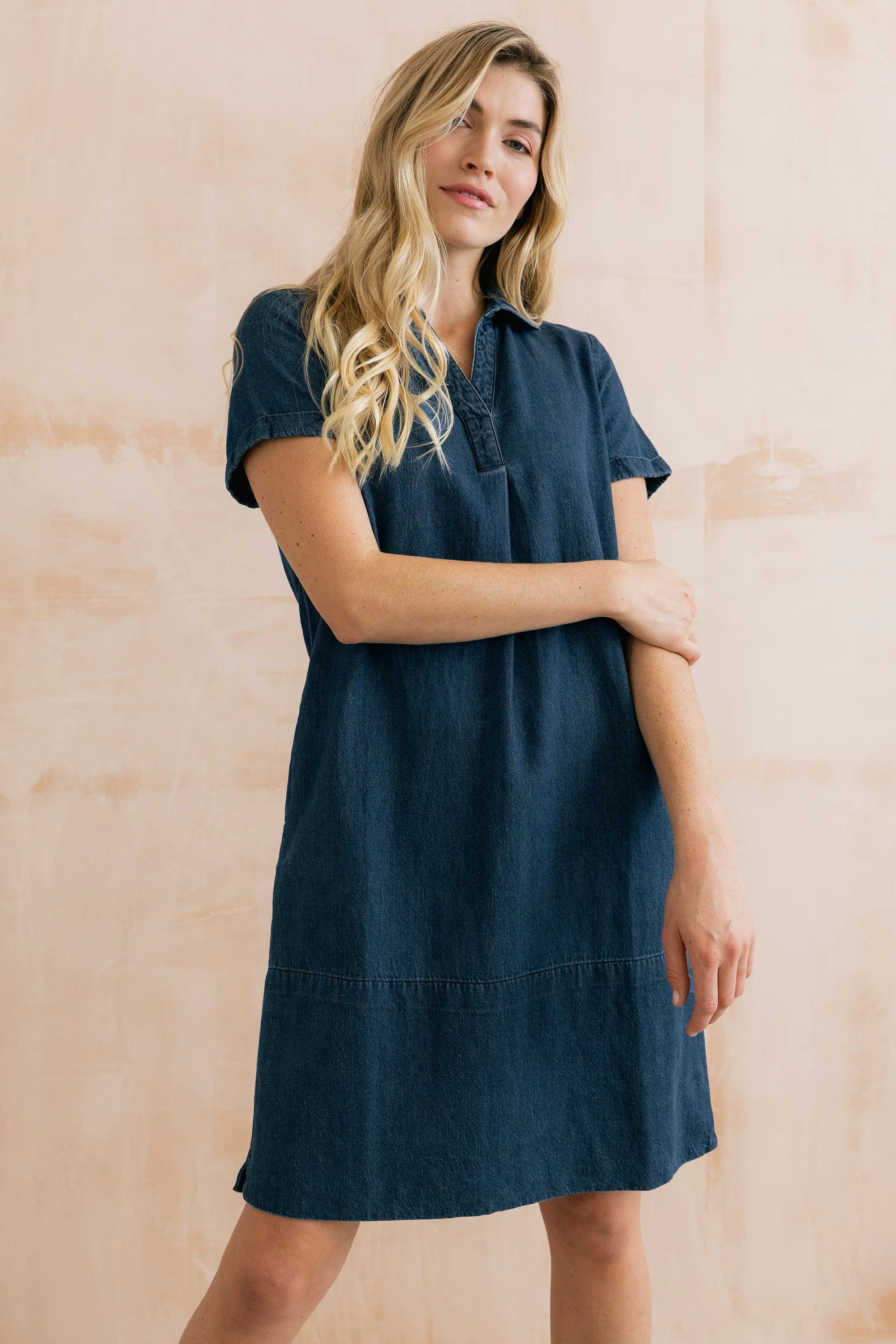 Lavender Short Sleeve Collared V-Neck Denim Dress - Image 7
