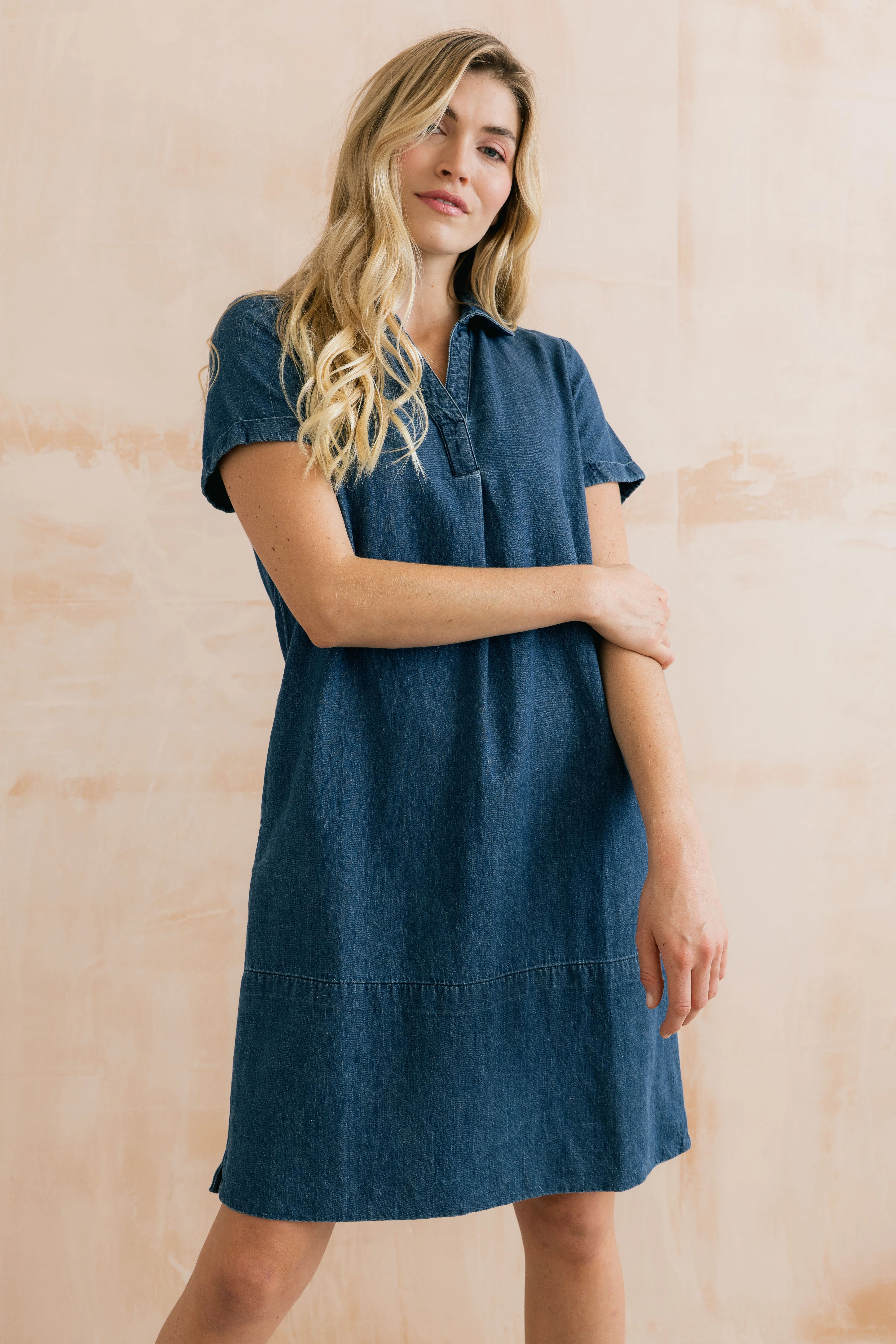Lavender Short Sleeve Collared V-Neck Denim Dress - Image 8