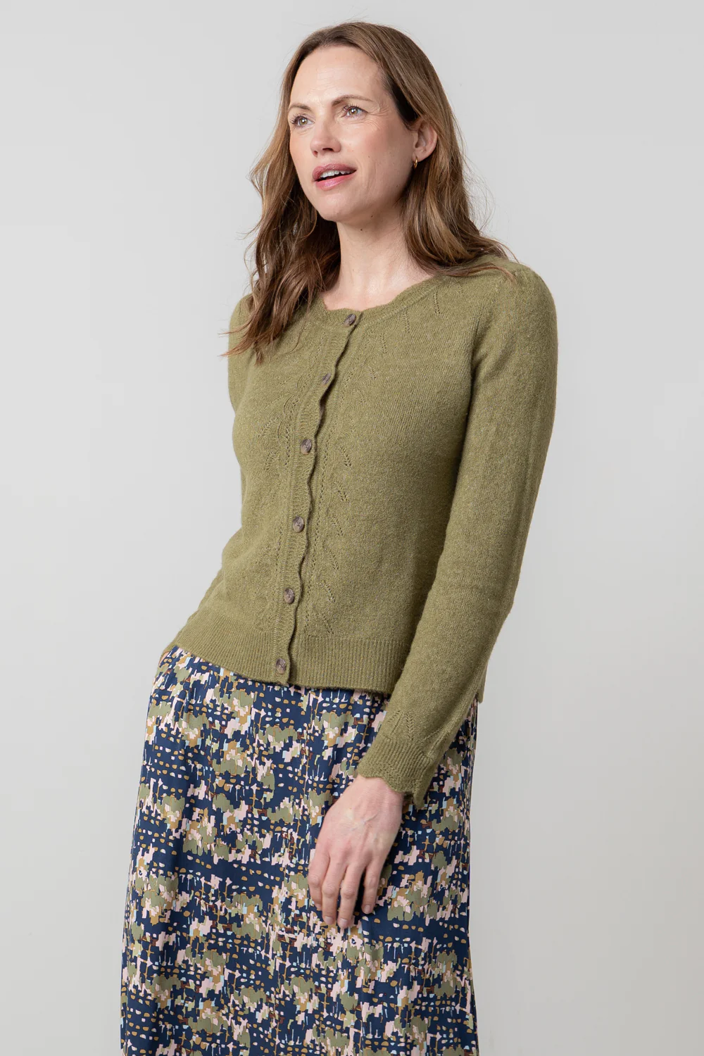 Layla Pointelle Knit Cardigan Moss - Image 3