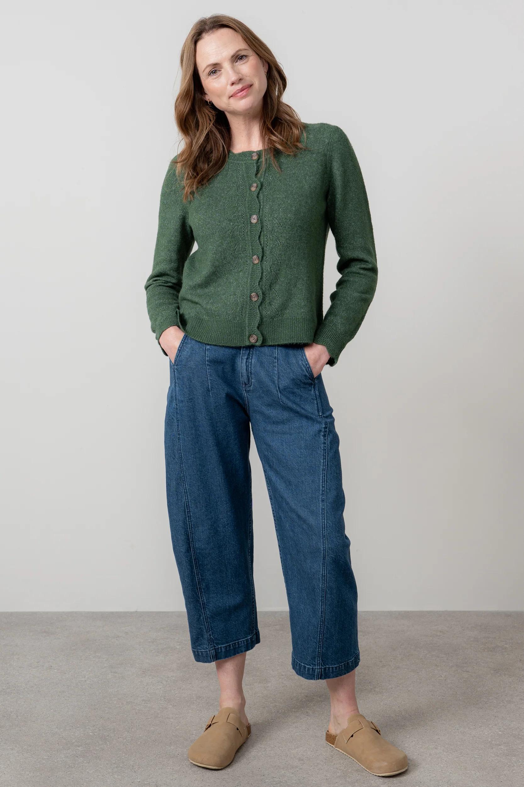 Layla Pointelle Knit Cardigan Pine Green - Image 2