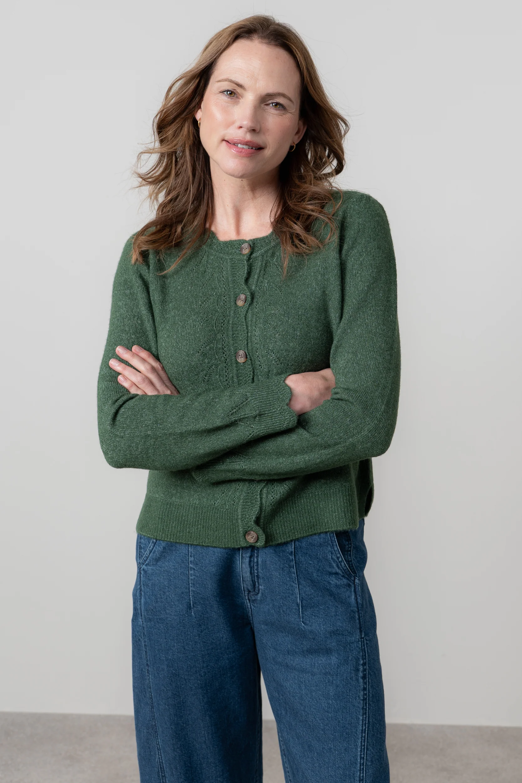 Layla Pointelle Knit Cardigan Pine Green - Image 3