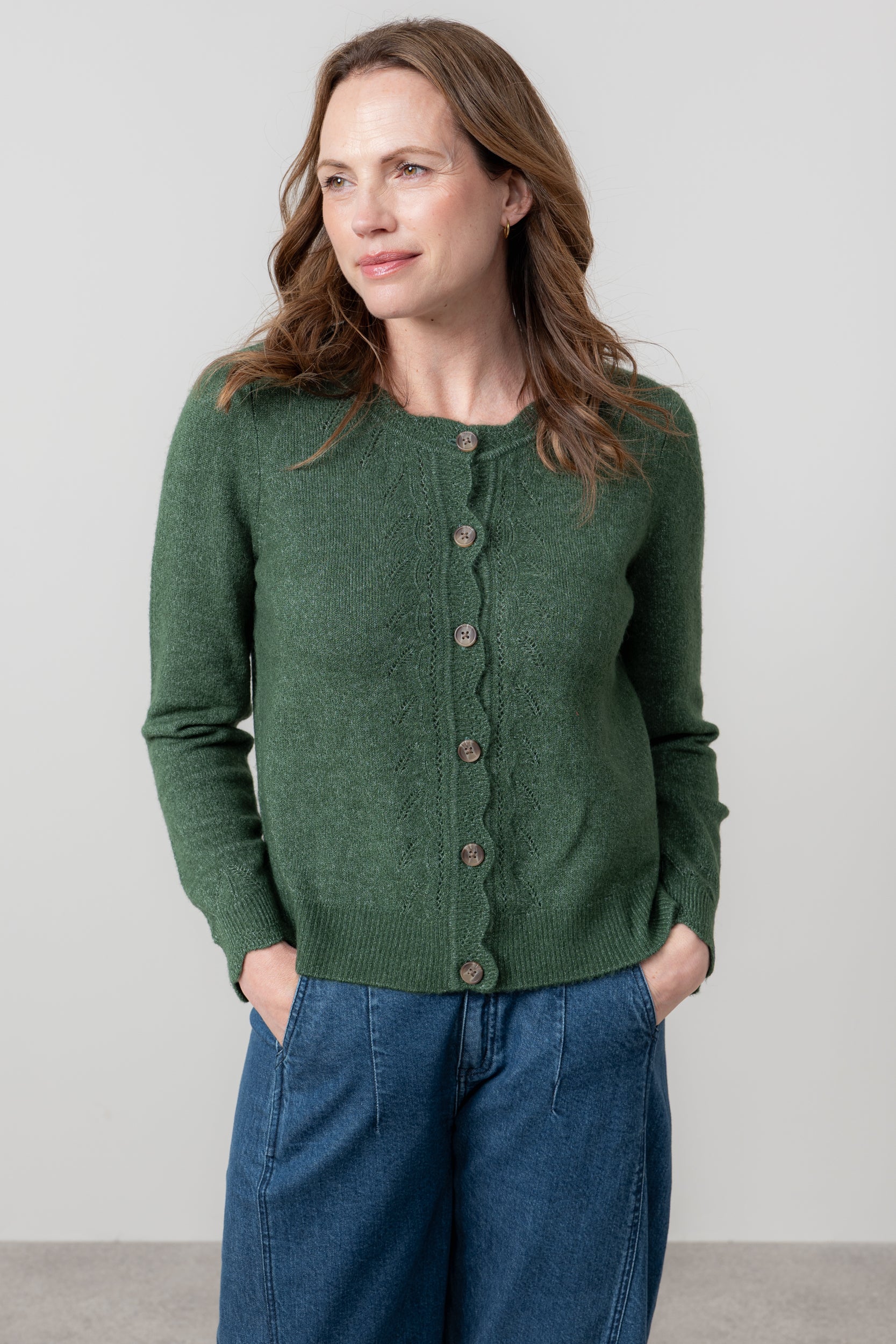 Layla Pointelle Knit Cardigan Pine Green - Image 7
