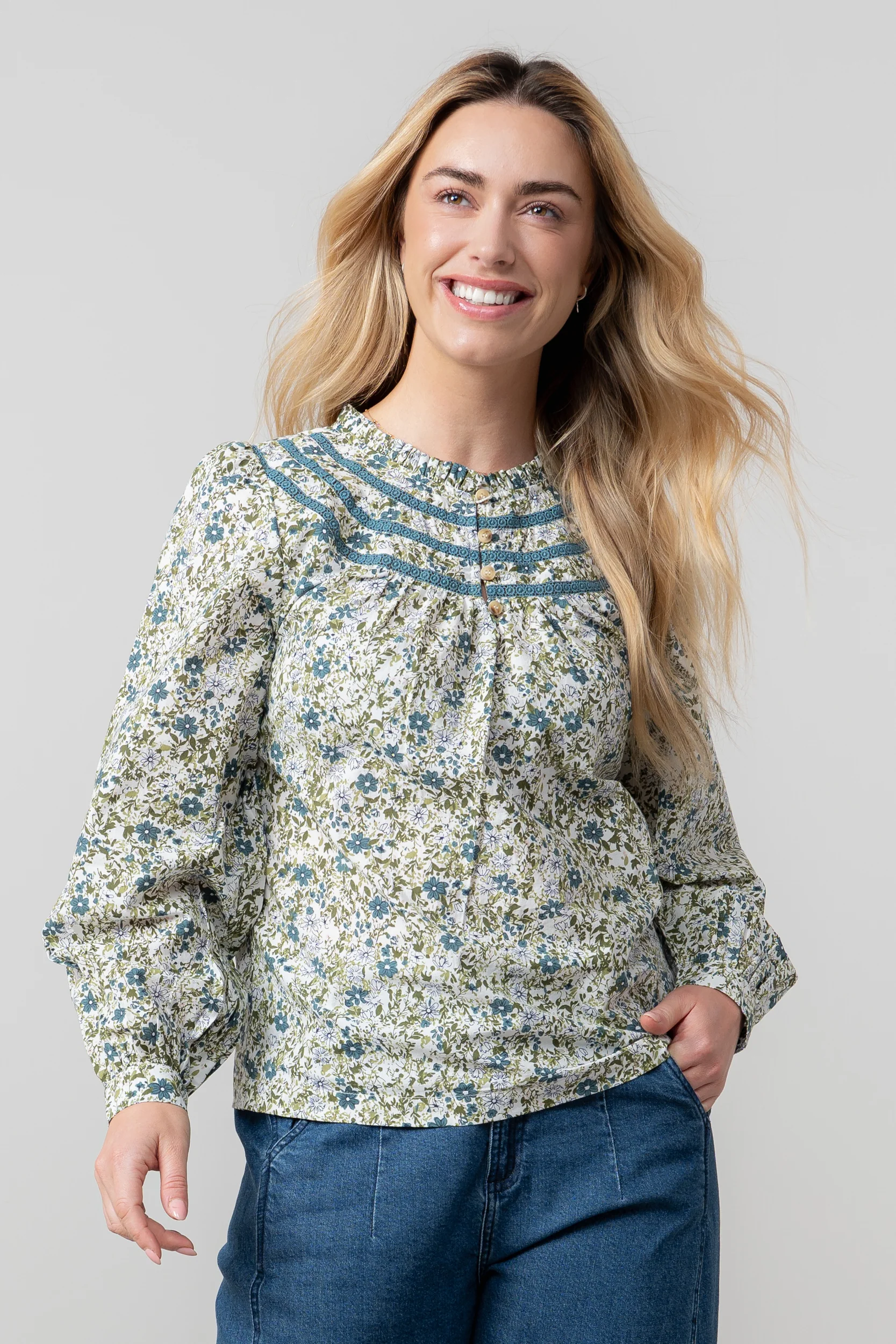 Luna Lace Trim Cotton Blouse Moss - Image 2
