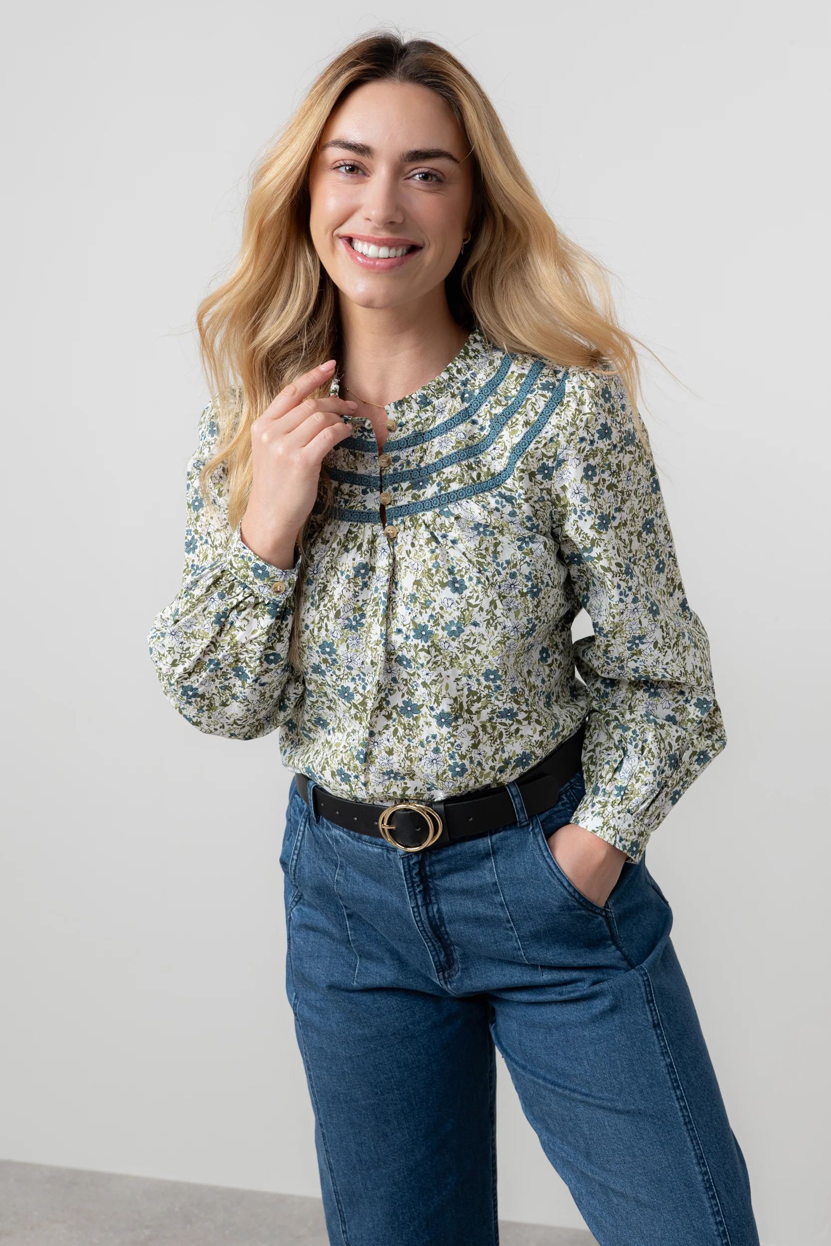 Luna Lace Trim Cotton Blouse Moss - Image 5