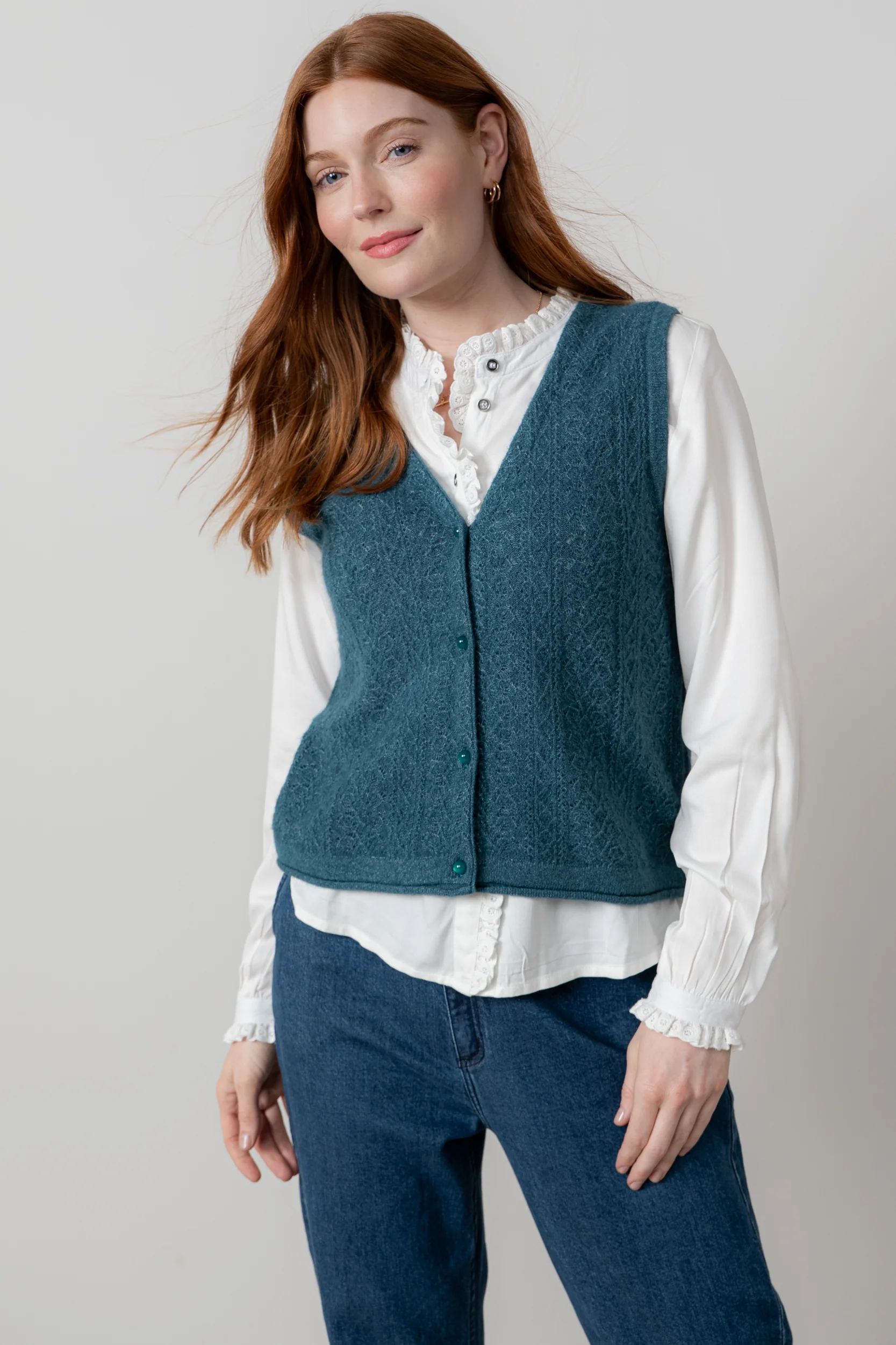 Marly Sleeveless Pointelle Knit Cardigan Petrol - Image 3