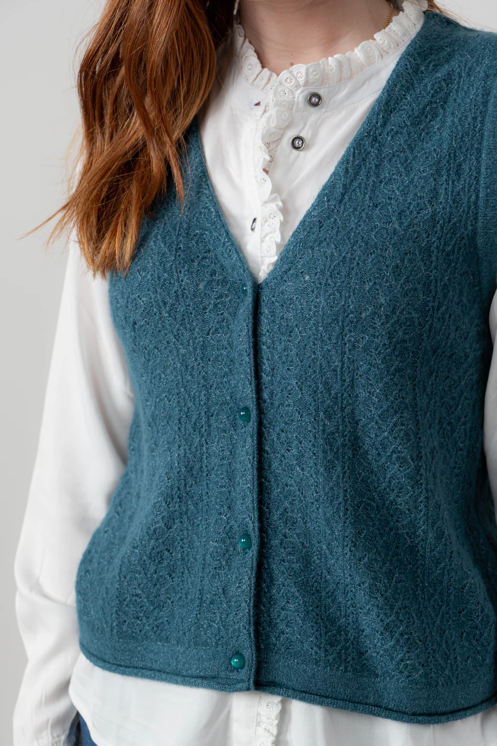 Marly Sleeveless Pointelle Knit Cardigan Petrol - Image 5