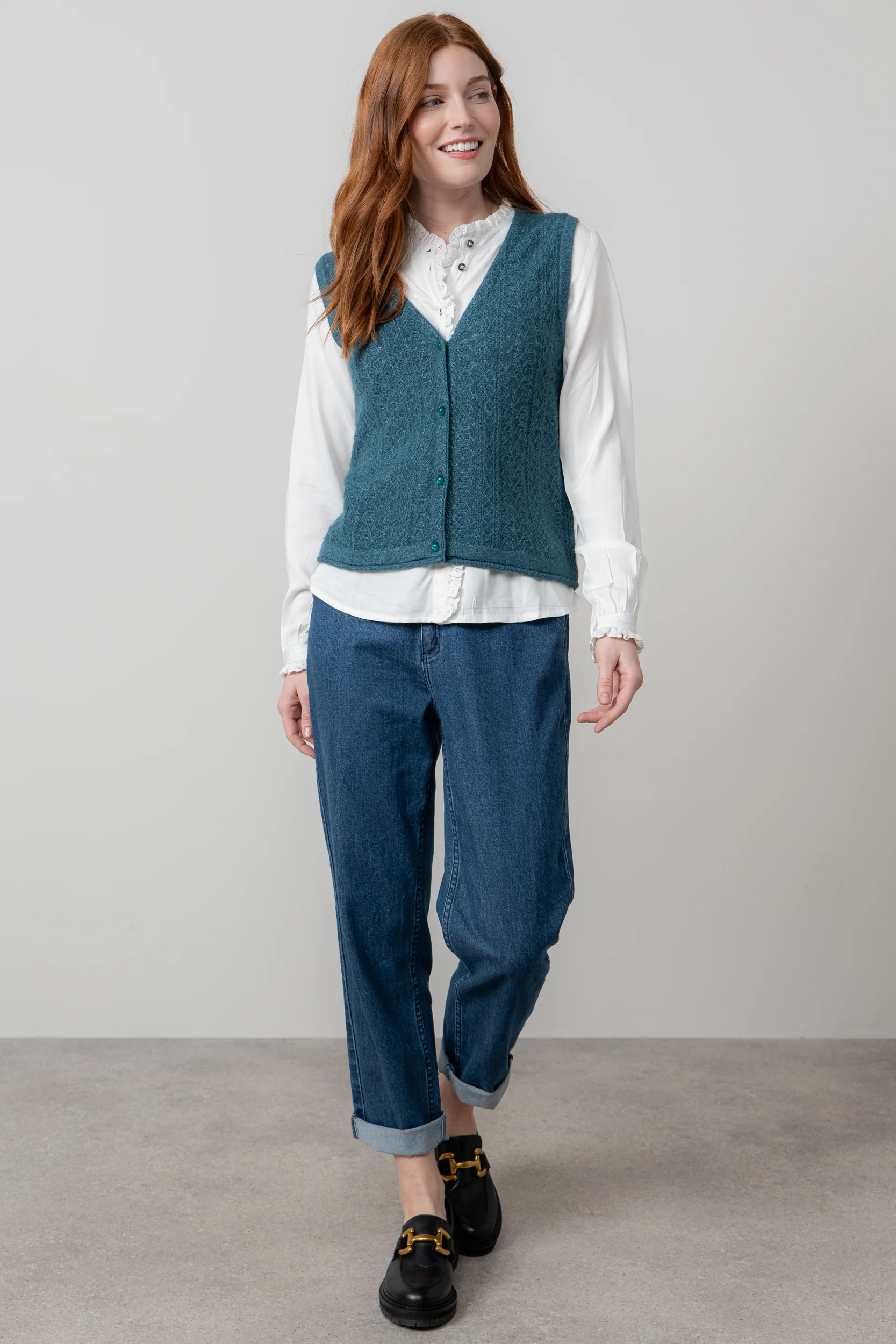 Marly Sleeveless Pointelle Knit Cardigan Petrol - Image 8