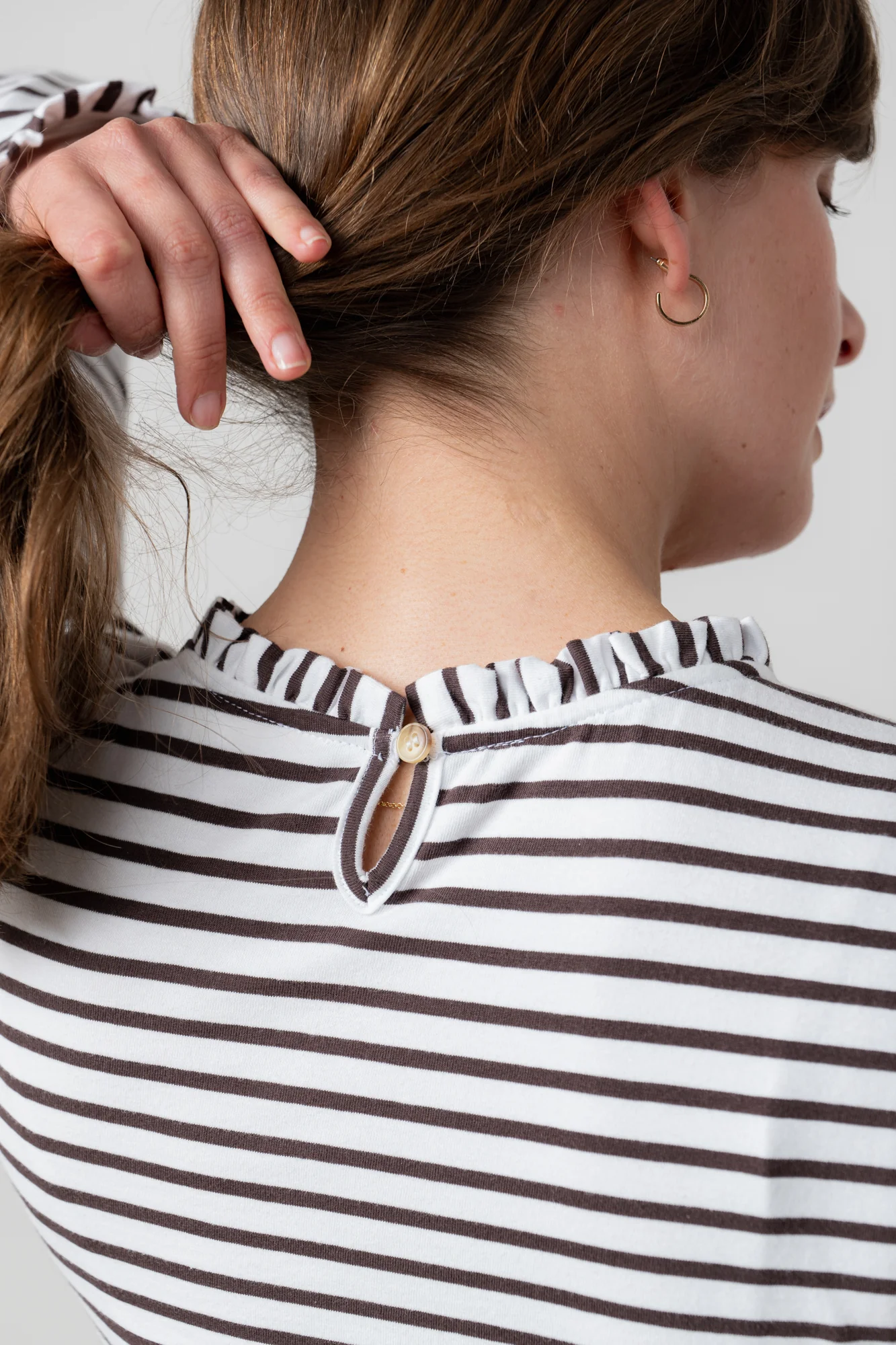 Marnie Striped Frill Neck Top Chocolate - Image 4
