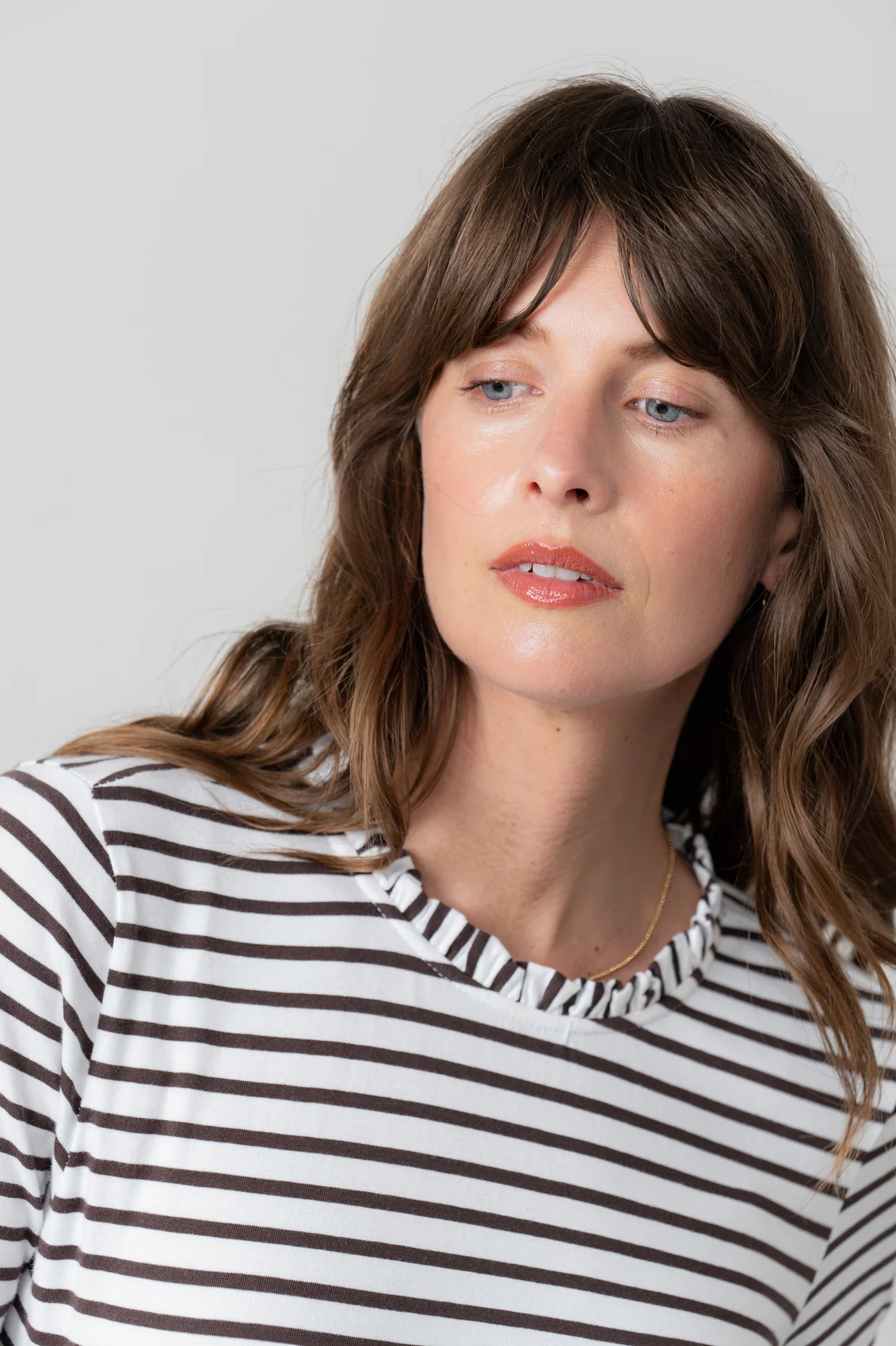 Marnie Striped Frill Neck Top Chocolate - Image 5