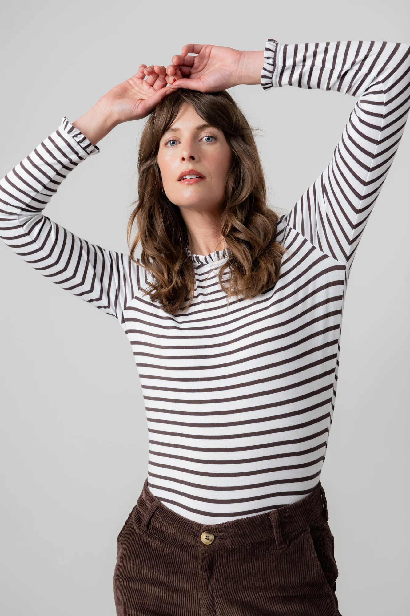Marnie Striped Frill Neck Top Chocolate - Image 6