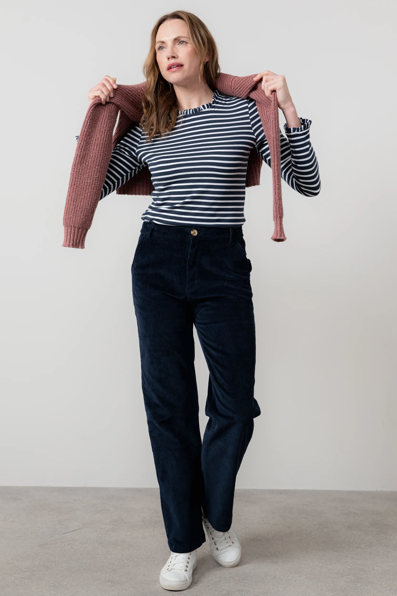 Marnie Striped Frill Neck Top Navy - Image 3