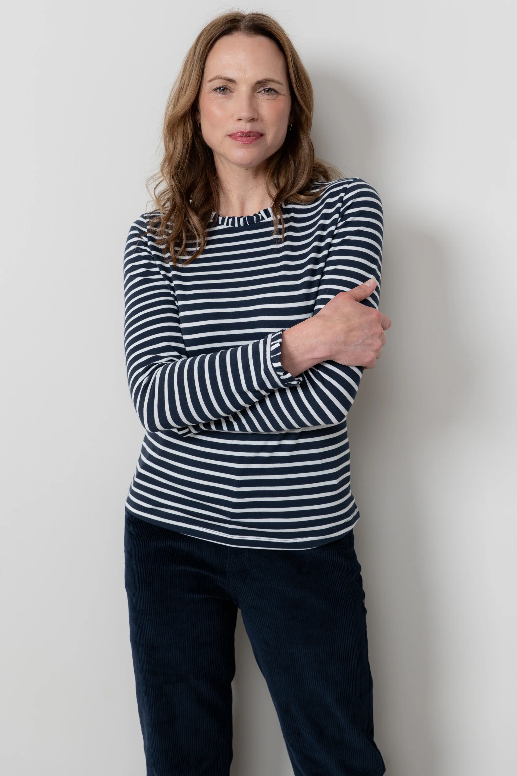 Marnie Striped Frill Neck Top Navy - Image 5