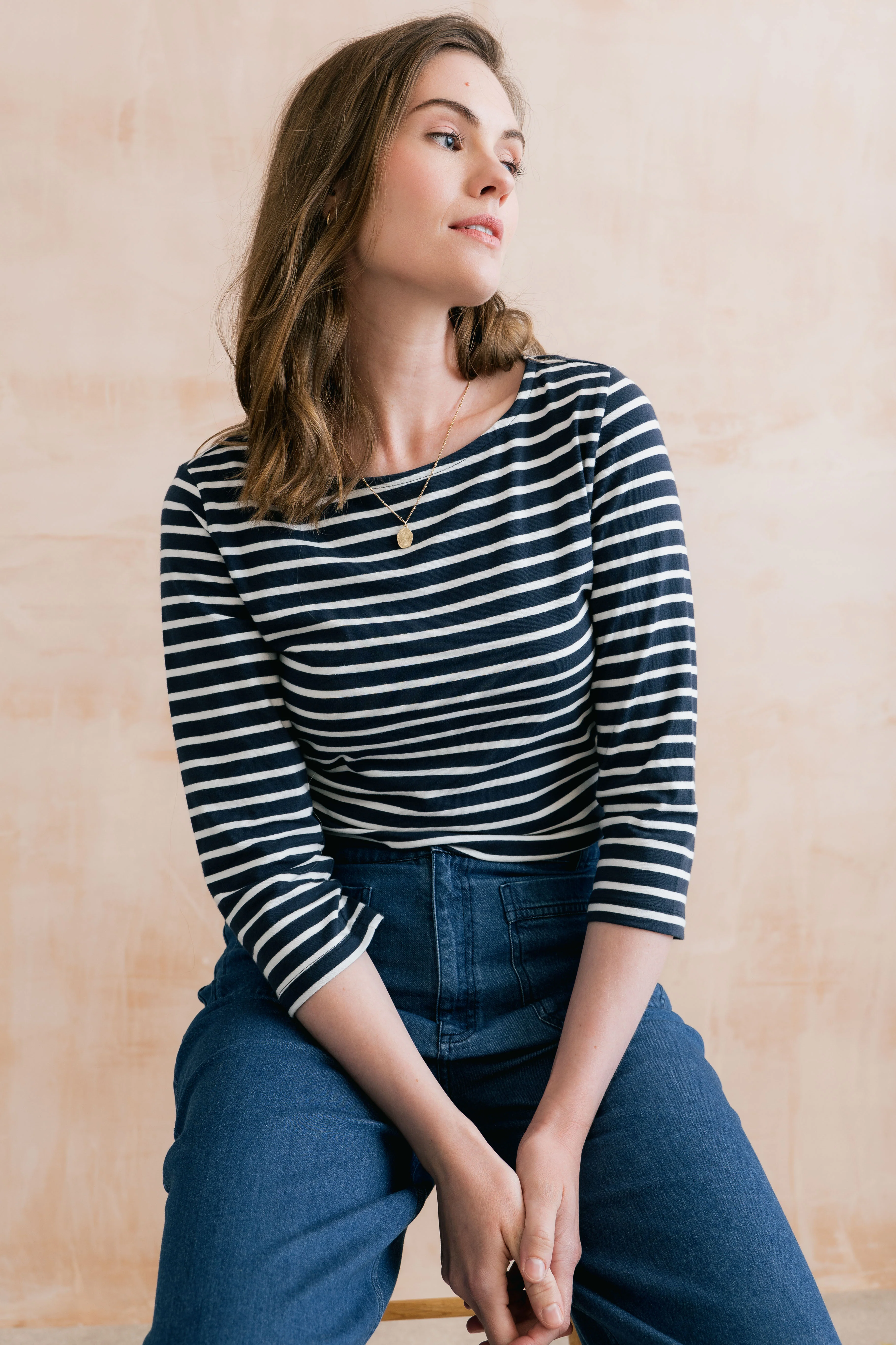 Monica Striped Organic Cotton Jersey Top Navy - Image 3