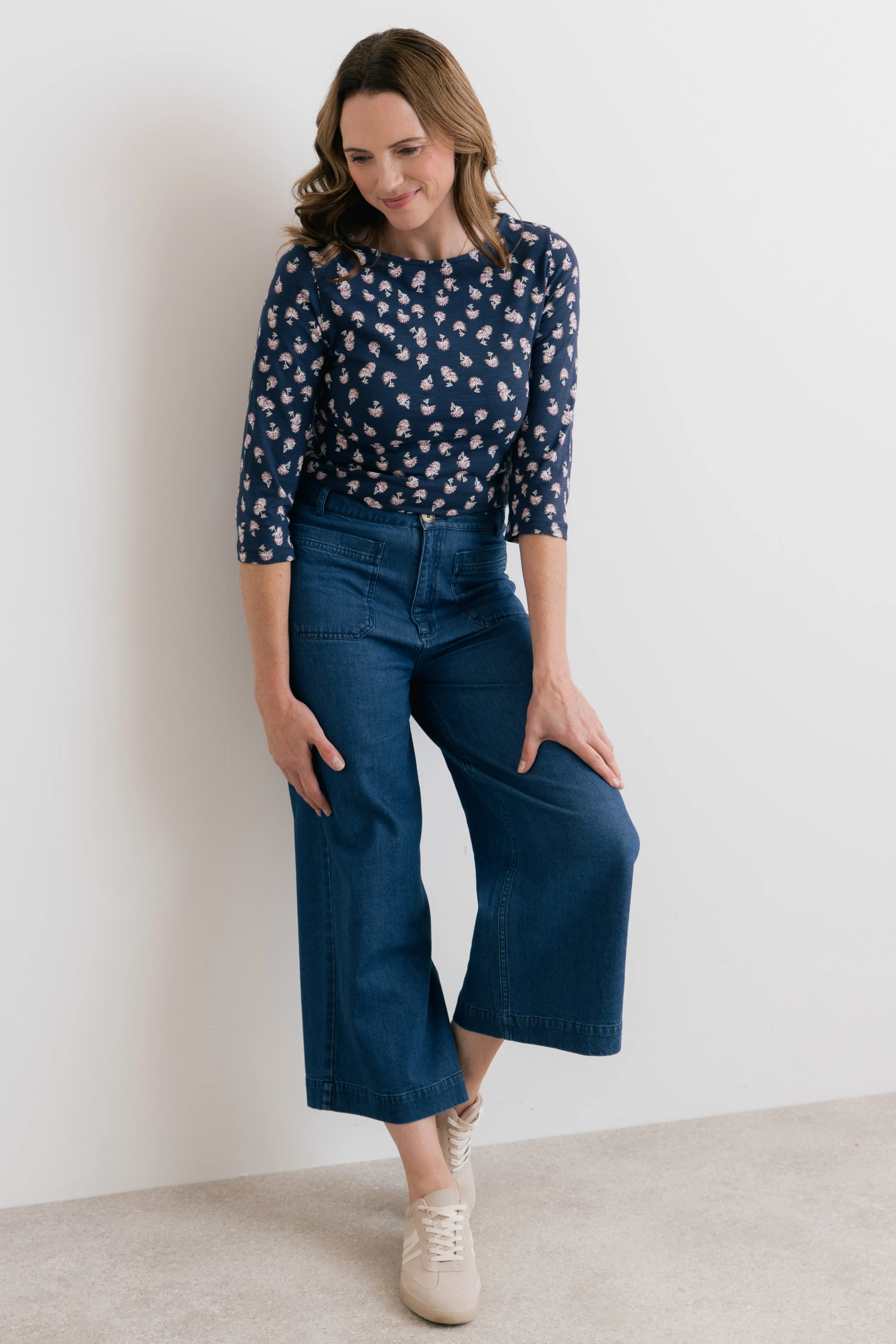 Monica Verbena Print Organic Cotton Jersey Top Navy - Image 3