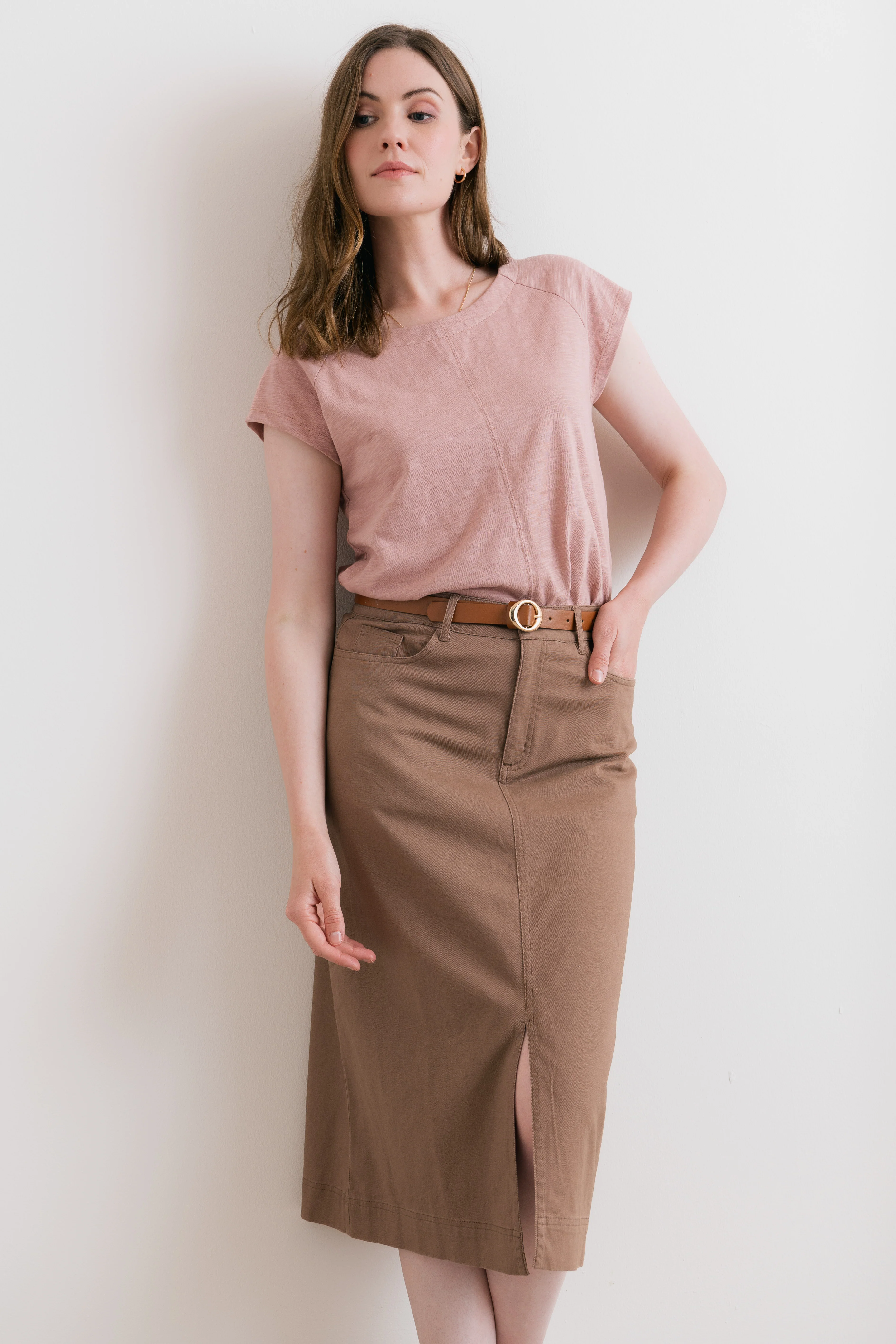 Morwenna Stretch Twill Midi Skirt Mocha - Image 4
