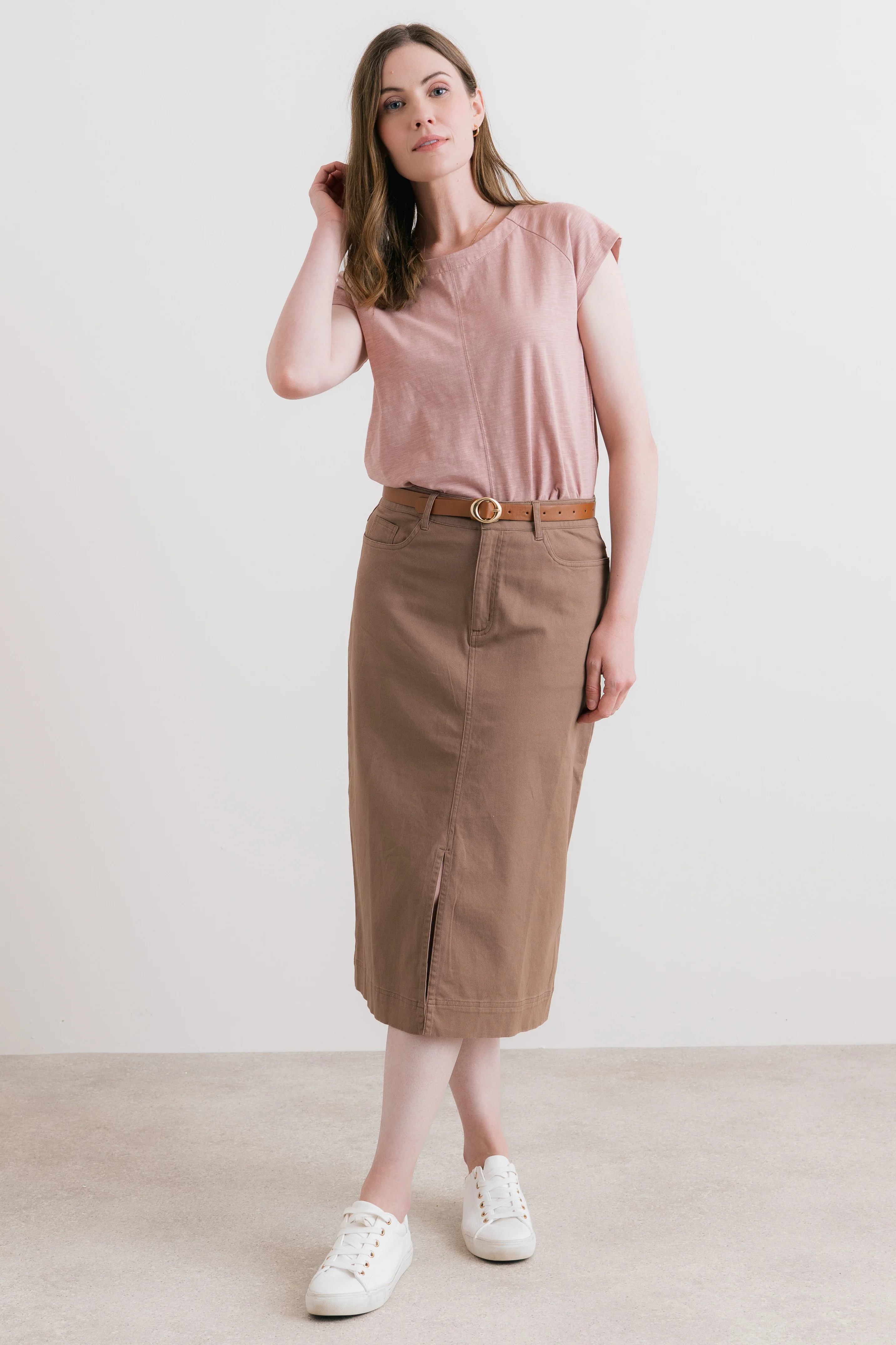 Morwenna Stretch Twill Midi Skirt Mocha - Image 5